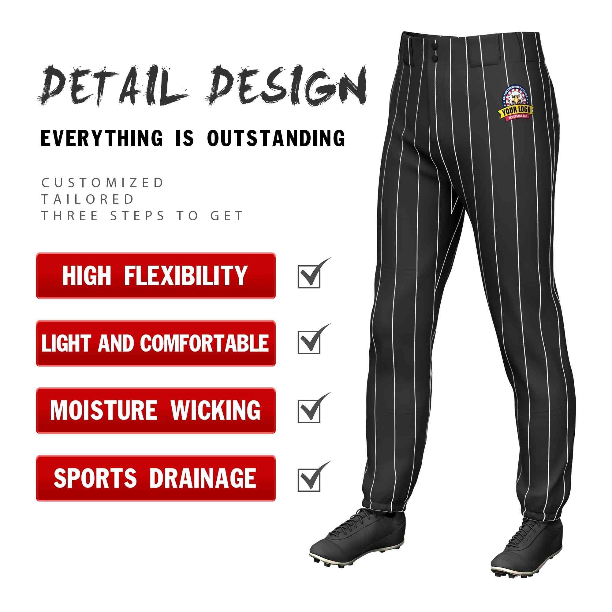 Custom Black White Pinstripe Fit Stretch Practice Pull-up Baseball Pants