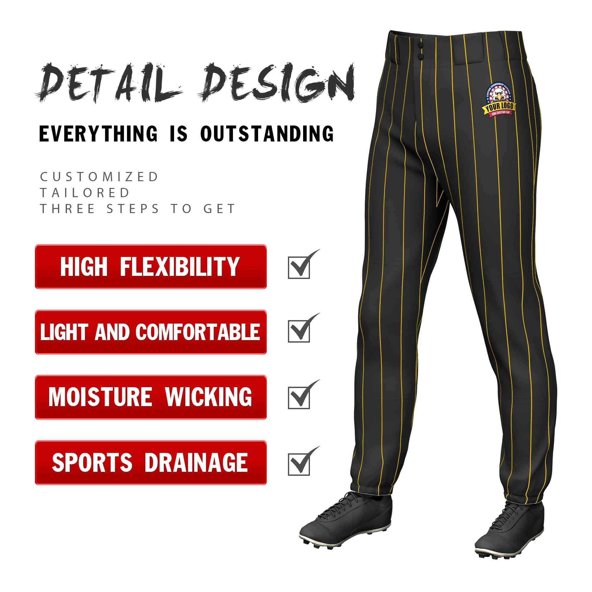 Custom Black Gold Pinstripe Fit Stretch Practice Pull-up Baseball Pants