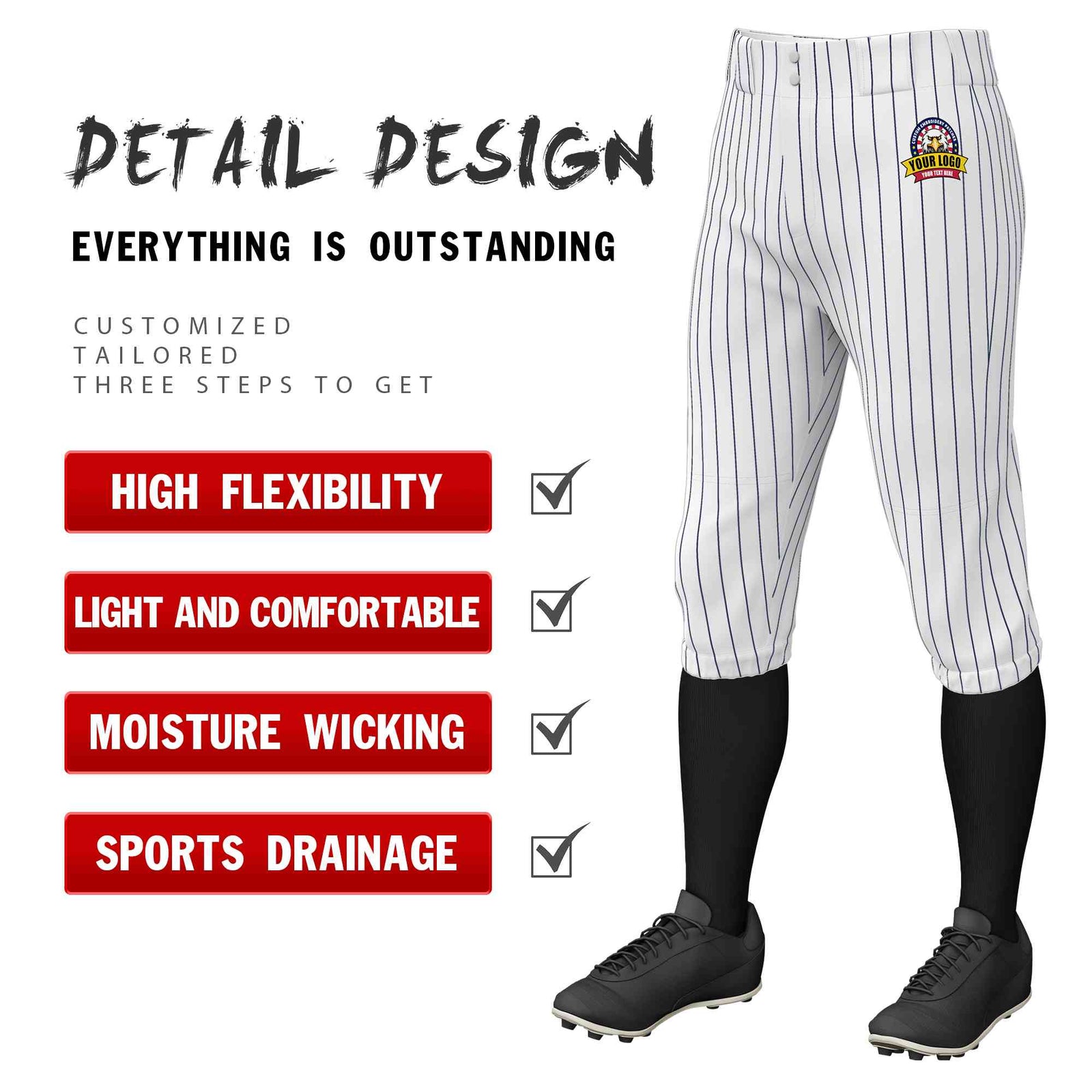 Custom White Navy Pinstripe Fit Stretch Practice Knickers Baseball Pants
