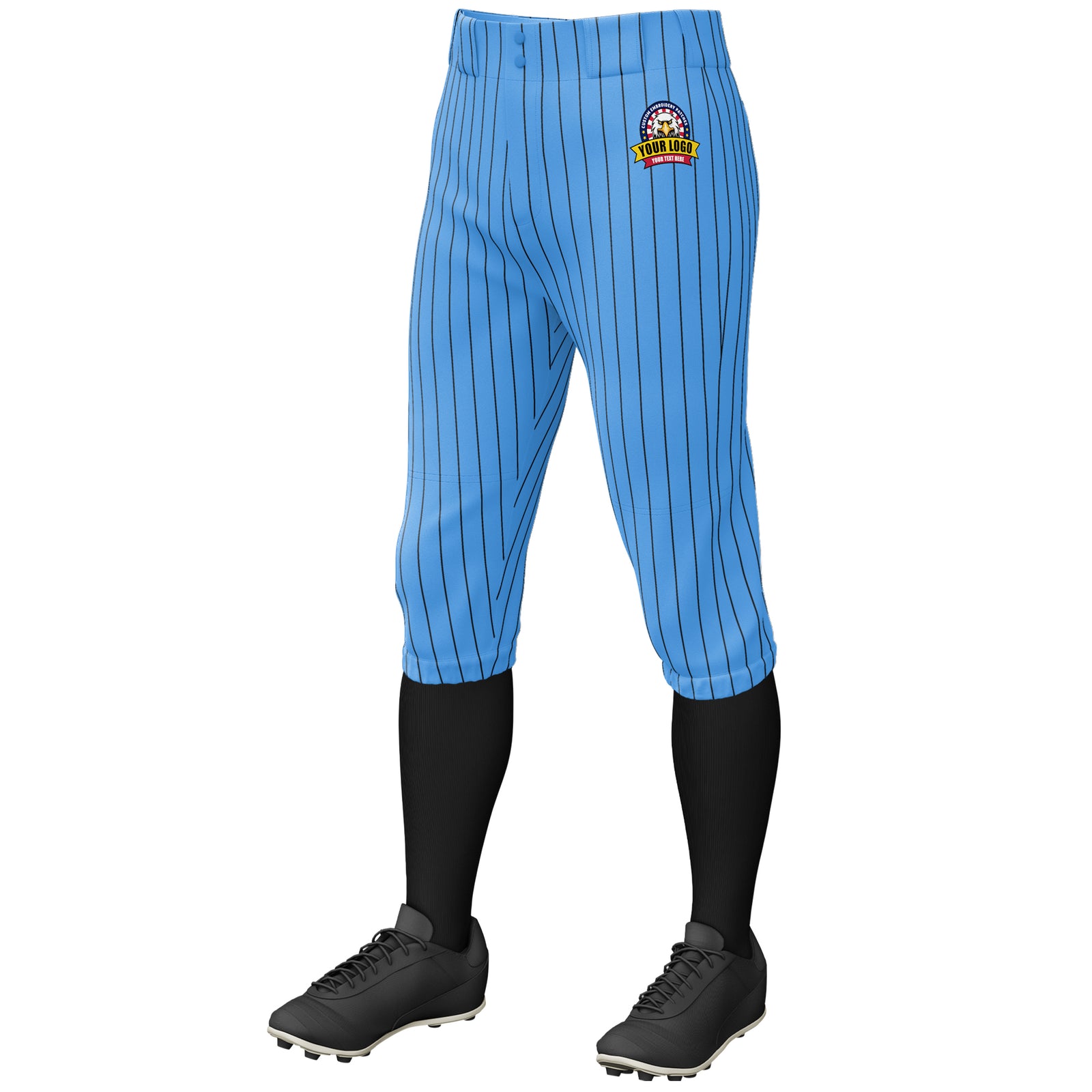 Custom Powder Blue Black Pinstripe Fit Stretch Practice Knickers Baseball Pants