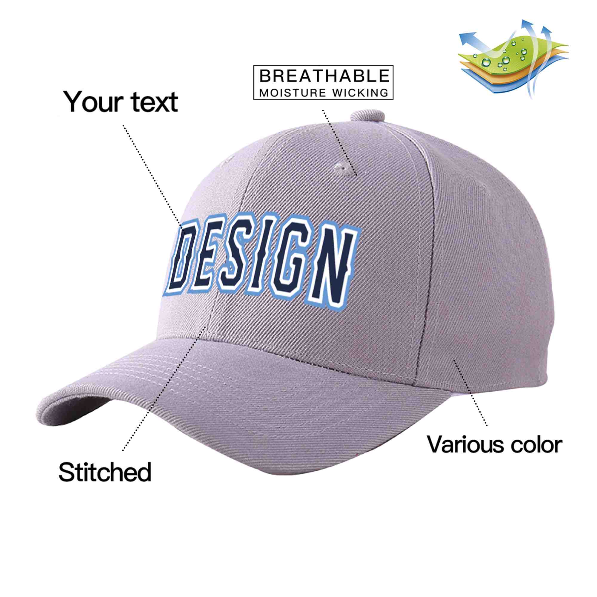 Custom Gray Navy-White Curved Eaves Sport Design Baseball Cap