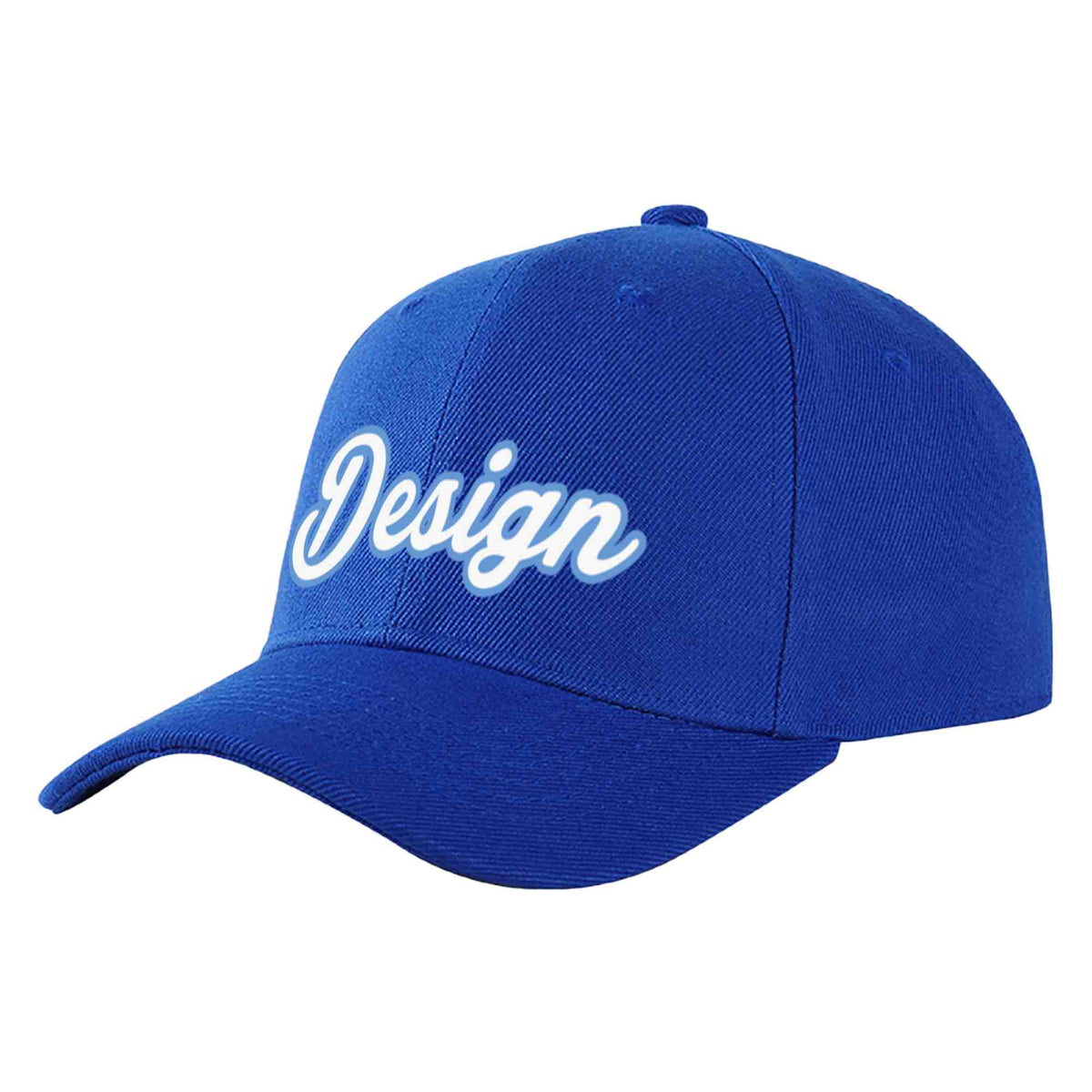 Custom Royal White-Light Blue 3D Puff Embroidery Flat Embroidery Curved Eaves Sport Design Baseball Cap