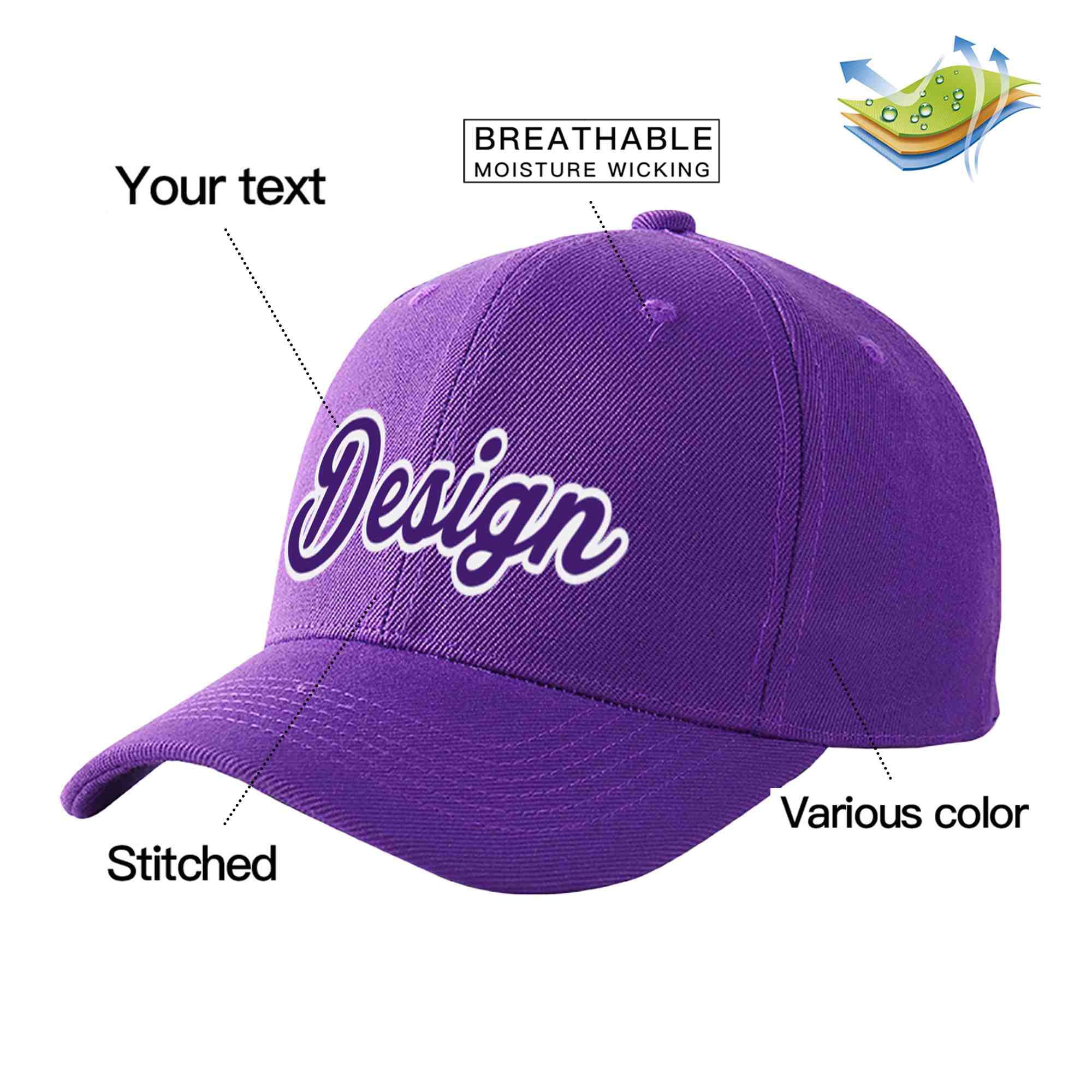 Custom Purple Purple-White Curved Eaves Sport Design Baseball Cap