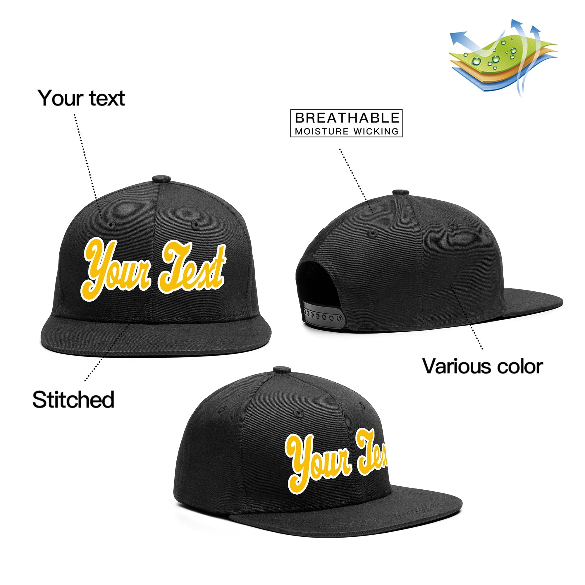 Custom Black White-Yellow Casual Sport Baseball Cap