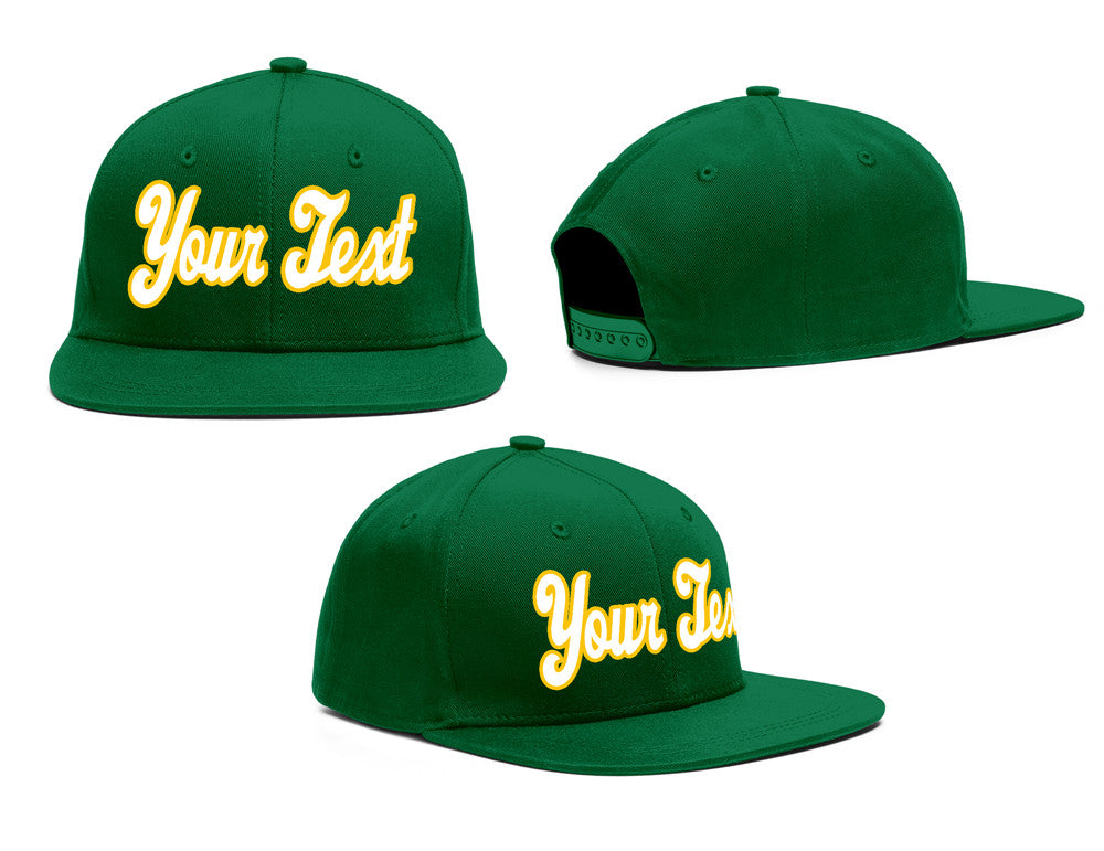 Custom Green White-Yellow 3D Puff Embroidery Flat Embroidery Sport Baseball Cap