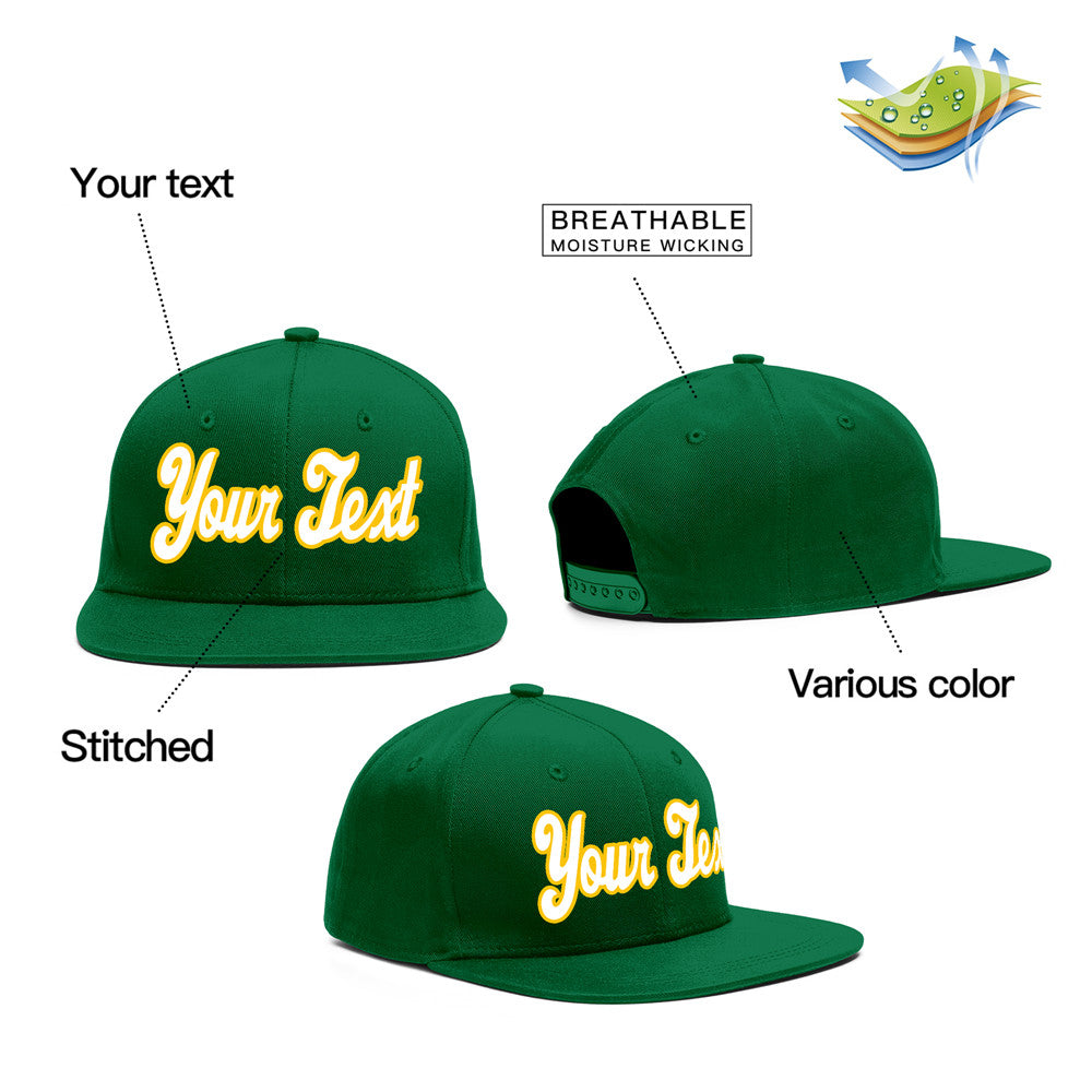 Custom Green White-Yellow 3D Puff Embroidery Flat Embroidery Sport Baseball Cap