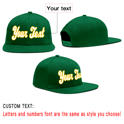 Custom Green White-Yellow 3D Puff Embroidery Flat Embroidery Sport Baseball Cap