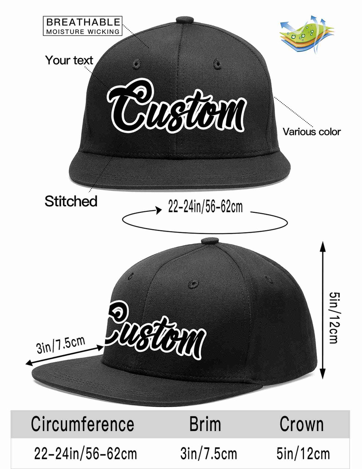 Custom Black Black-White 3D Puff Embroidery Flat Embroidery Casual Sport Baseball Cap