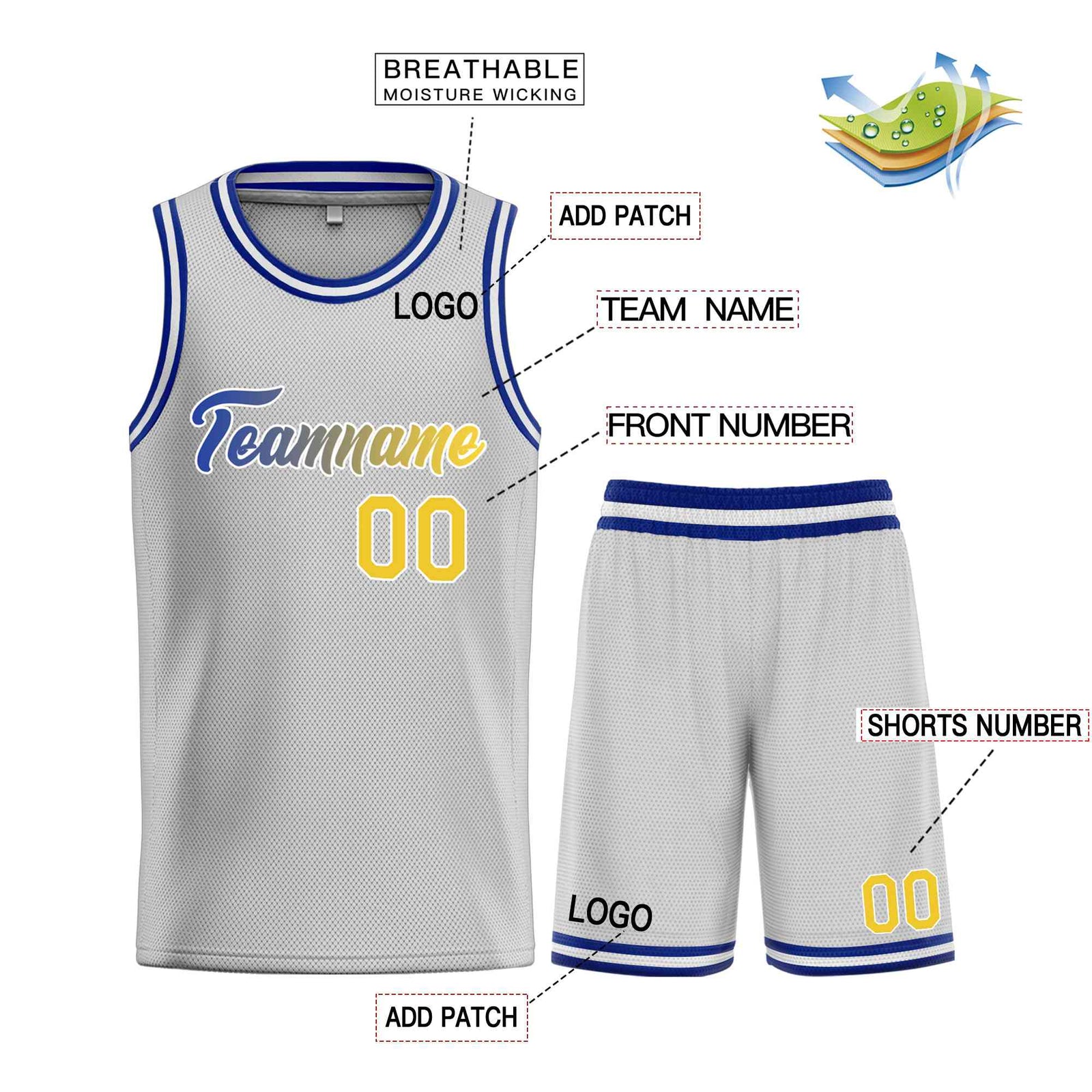 Custom Gray Yellow-White Heal Sports Uniform Classic Sets Basketball Jersey