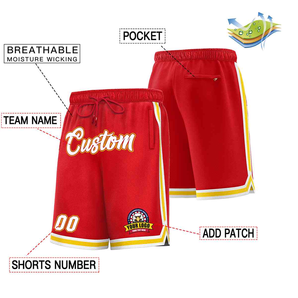 Custom Red White-Gold Classic Style Basketball Mesh Shorts
