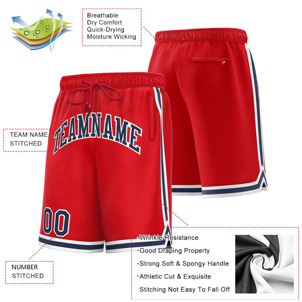 Custom Red Navy-White Sport Basketball Shorts