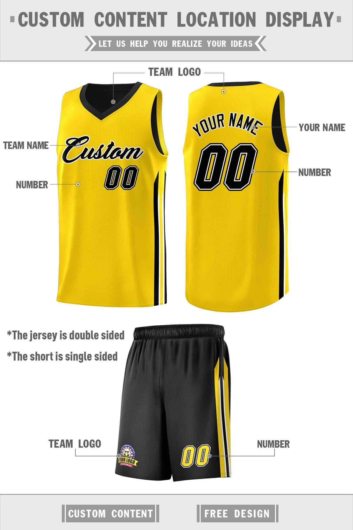 Custom Black Yellow Double Side Sets Men Basketball Jersey