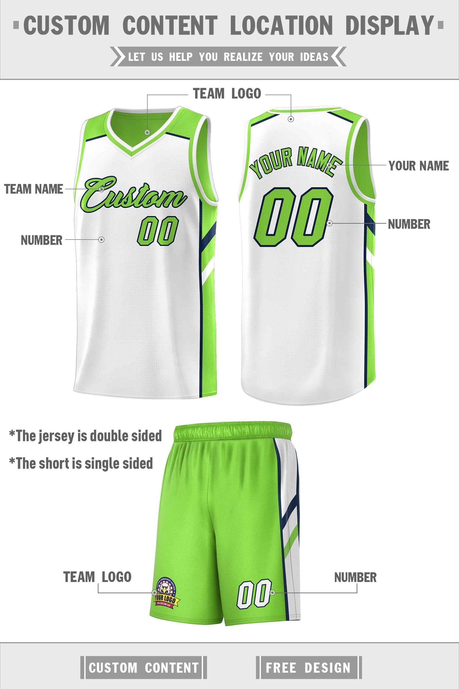 Custom Neon Green White Double Side Sets Men Basketball Jersey