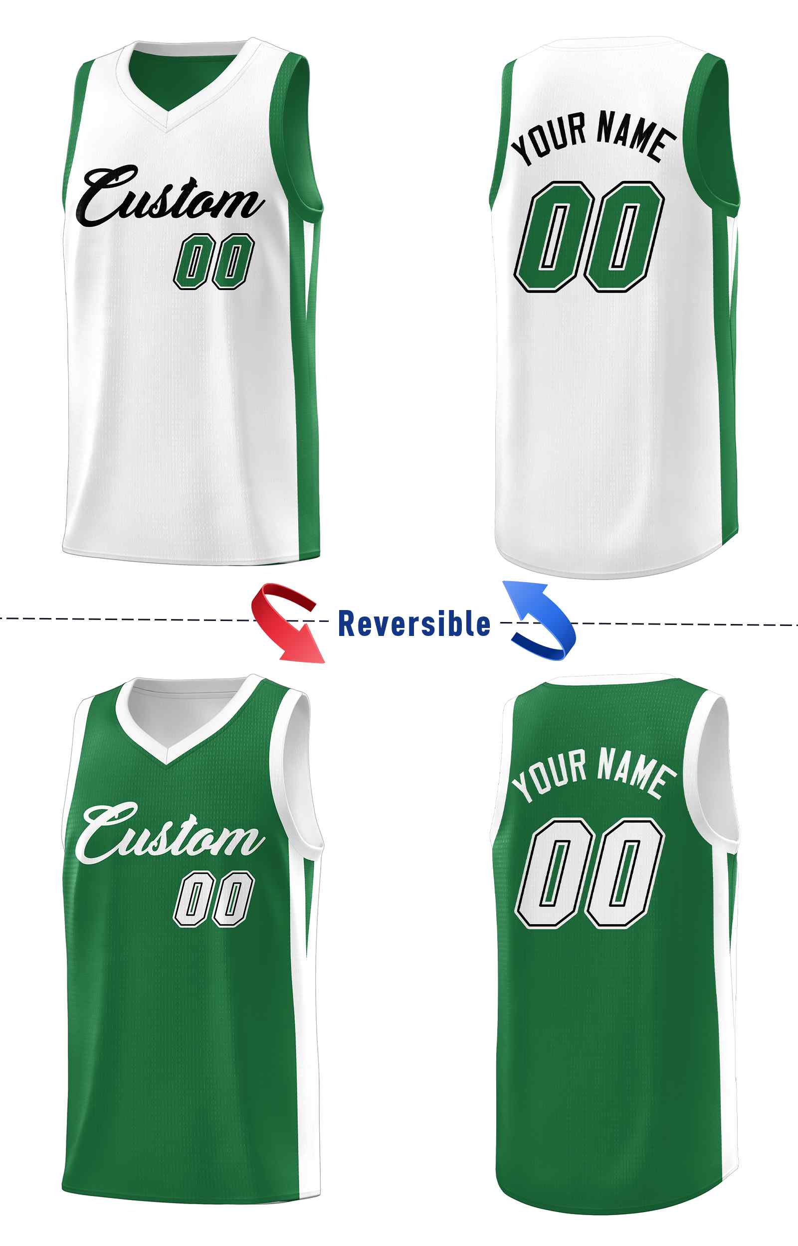 Custom Green White-Black Double Side Sets Men Basketball Jersey