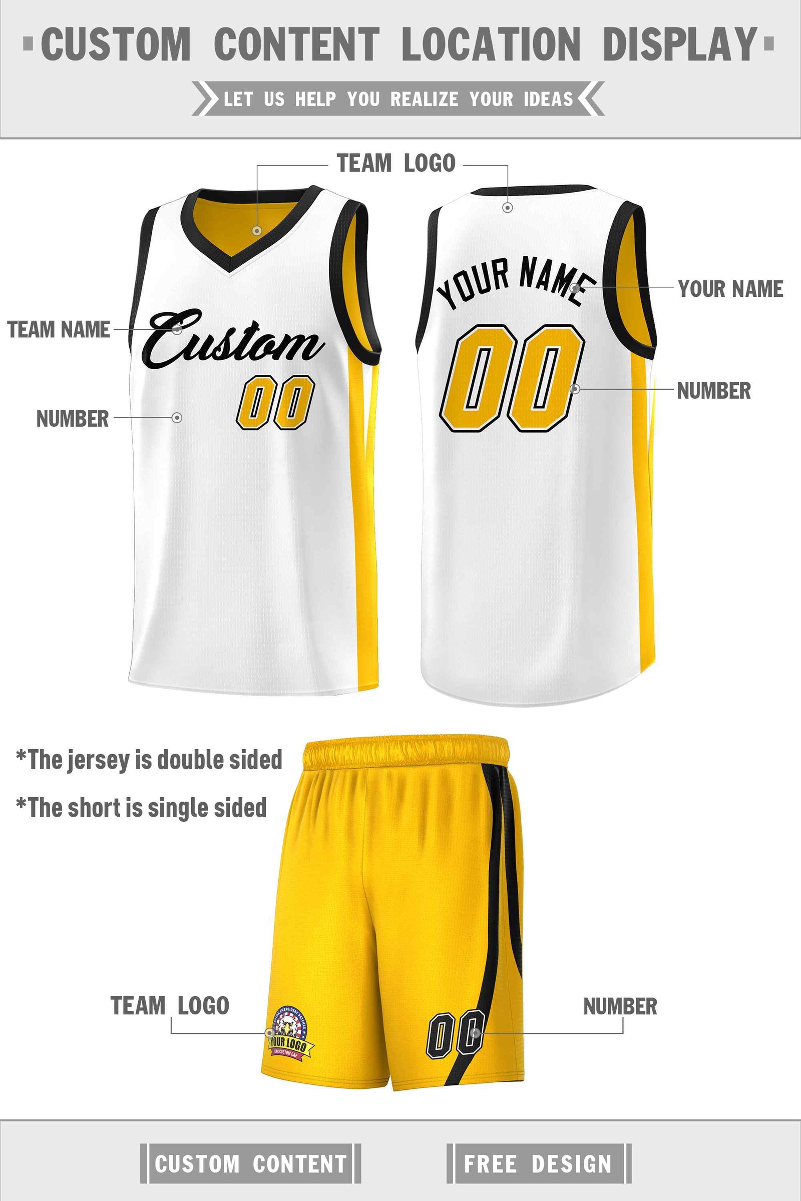 Custom White Yellow Double Side Sets Men Basketball Jersey