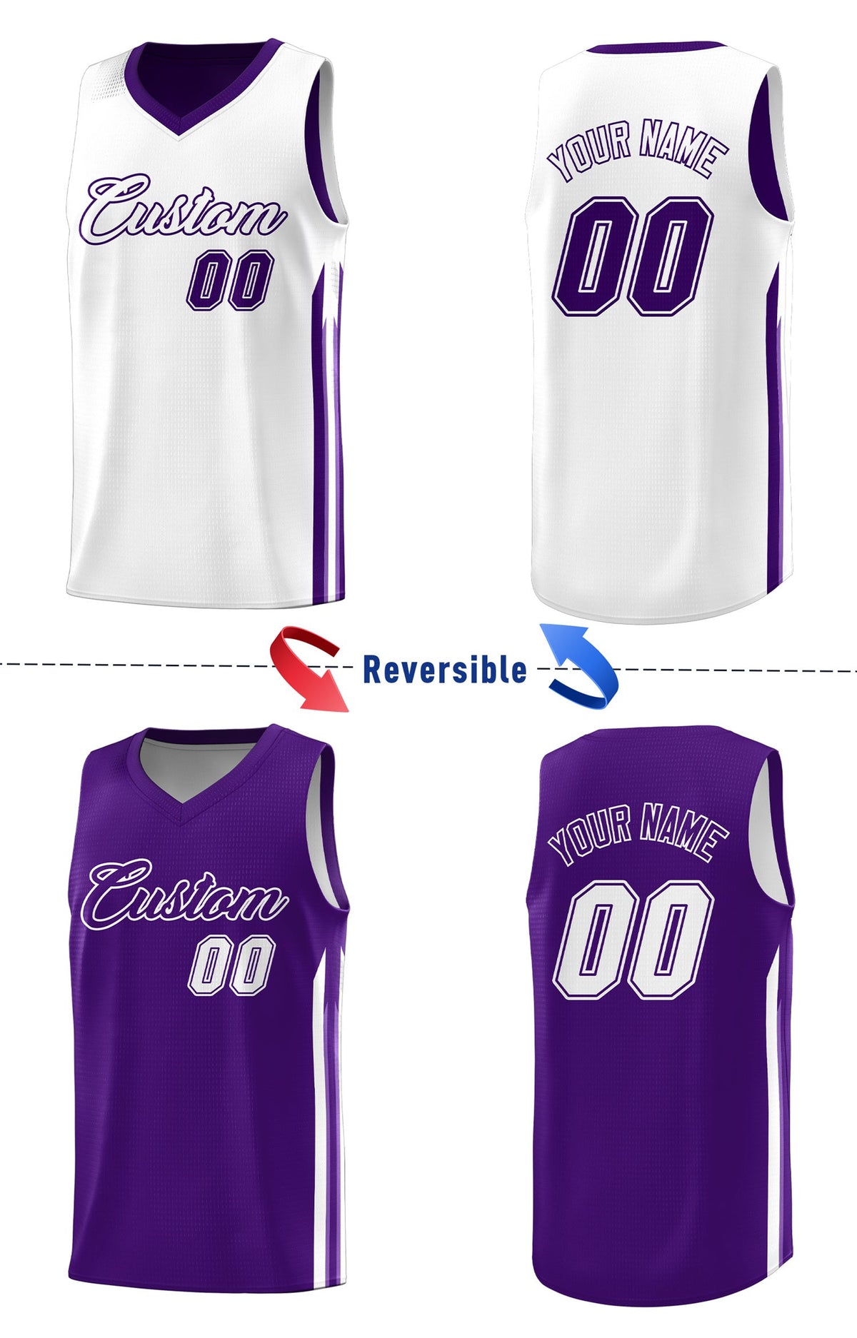 Custom Purple White Double Side Tops Men Training Basketball Jersey
