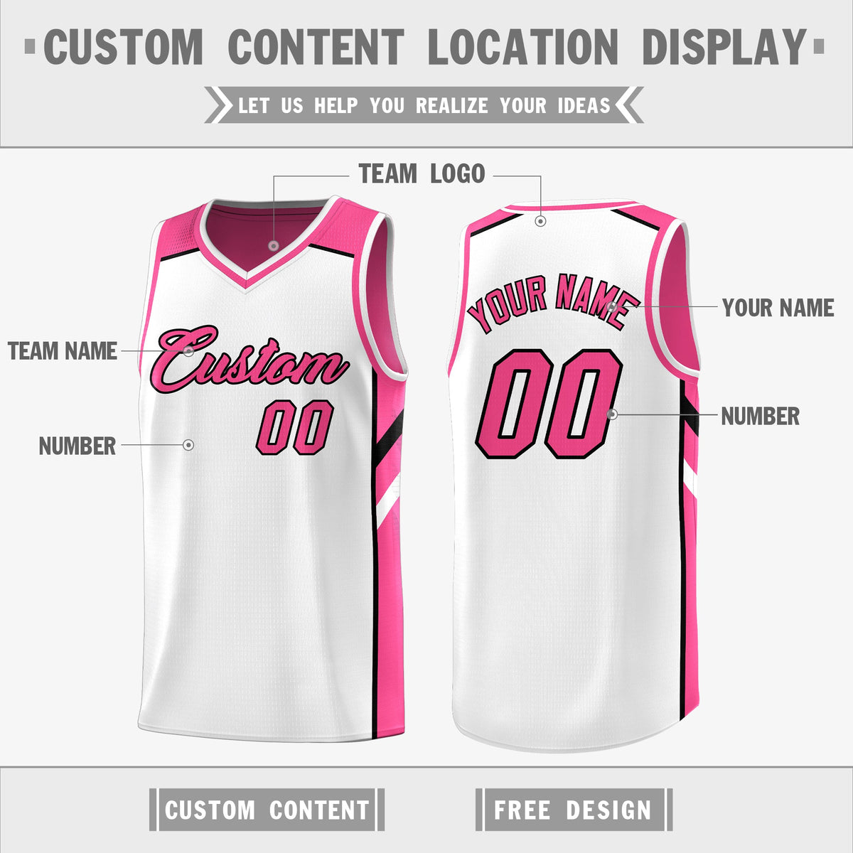 Custom Pink White Double Side Tops Training Basketball Jersey