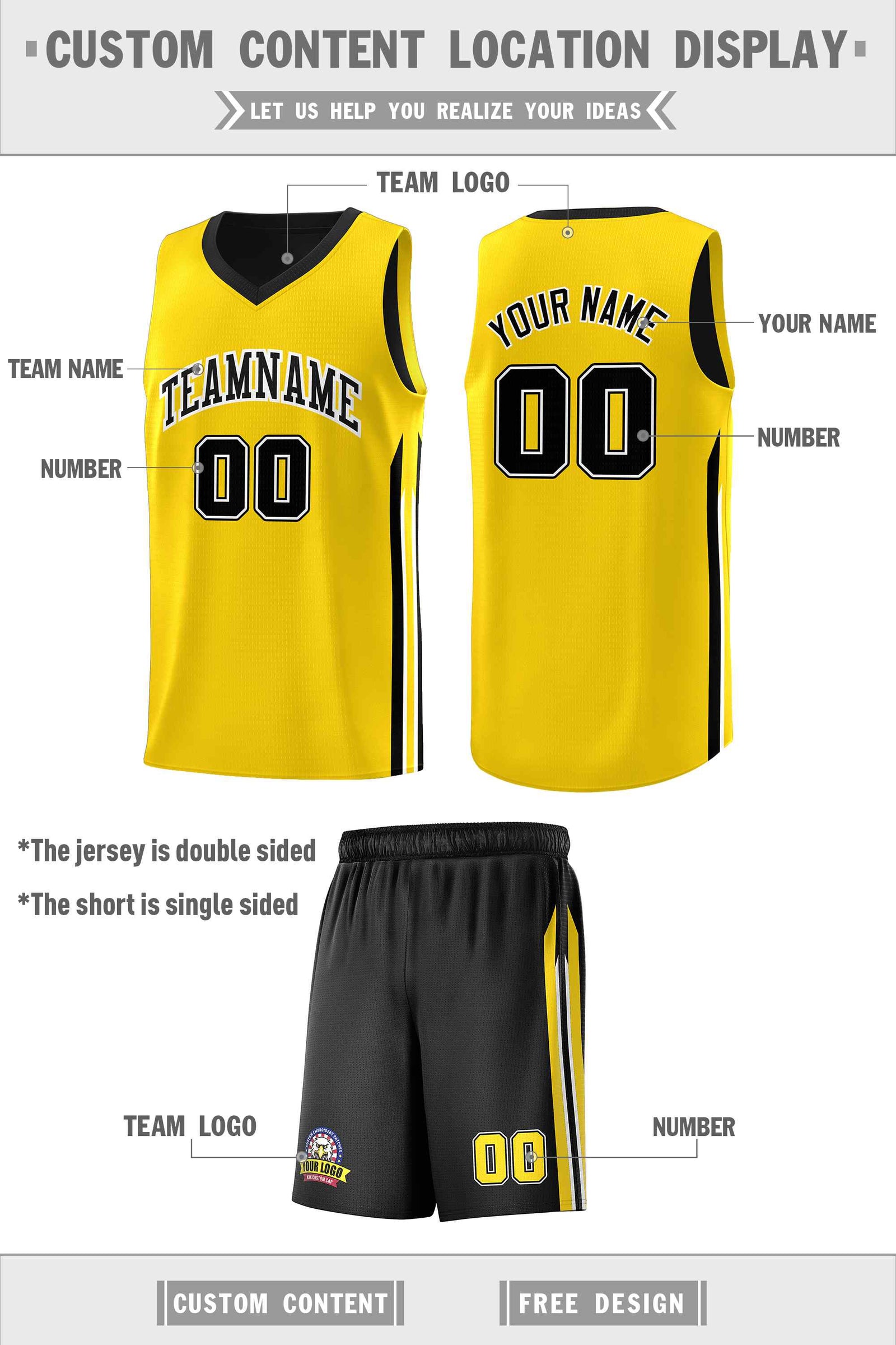 Custom Black Yellow Double Side Sets Men Basketball Jersey