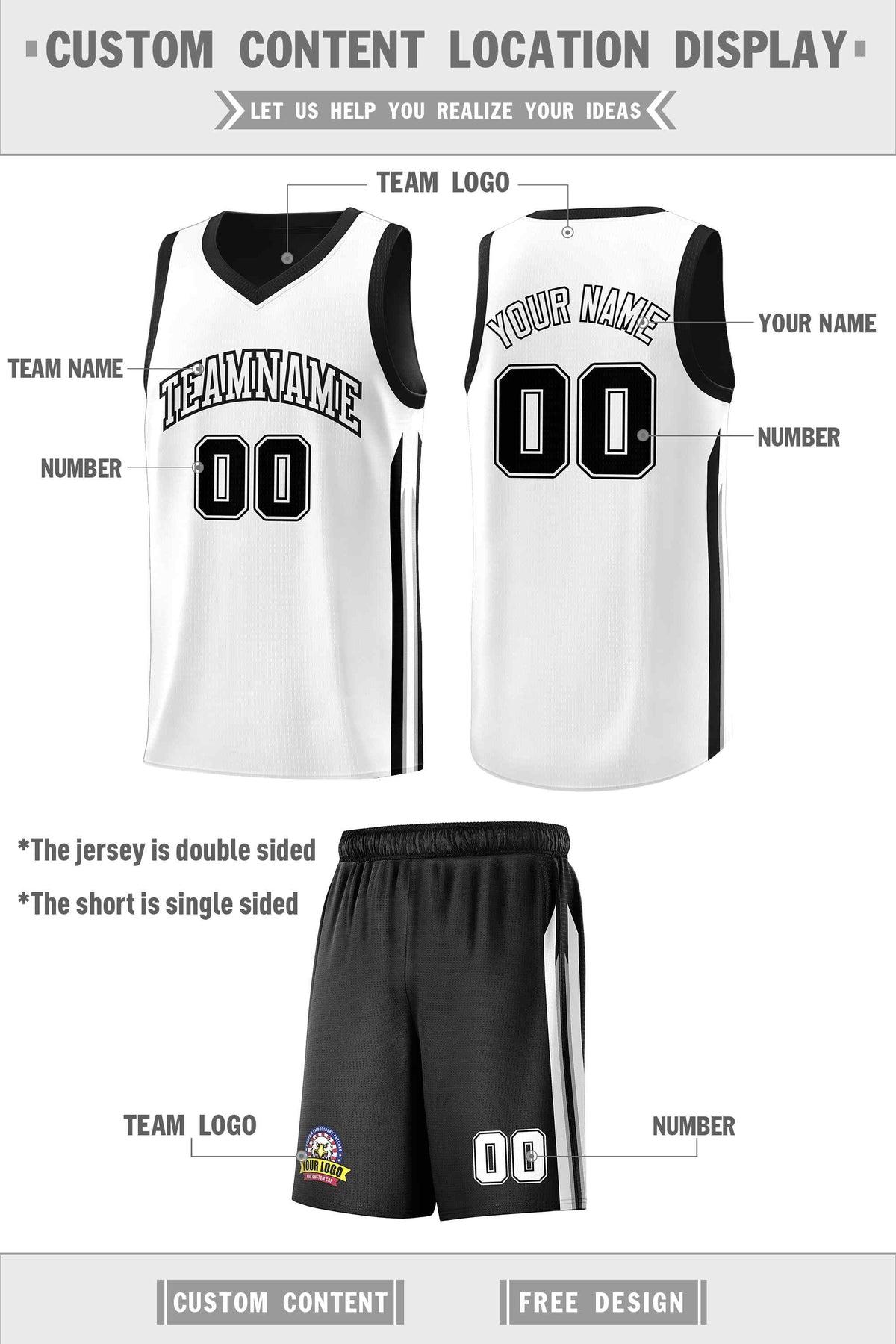 Custom Black White Double Side Sets Men Basketball Jersey