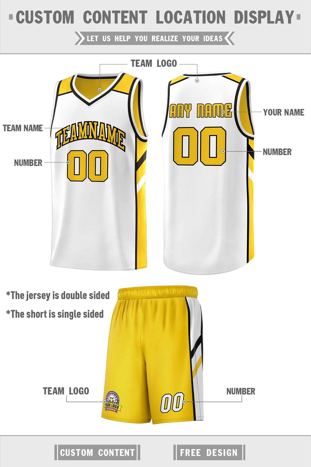 Custom Yellow White Double Side Sets Men Basketball Jersey