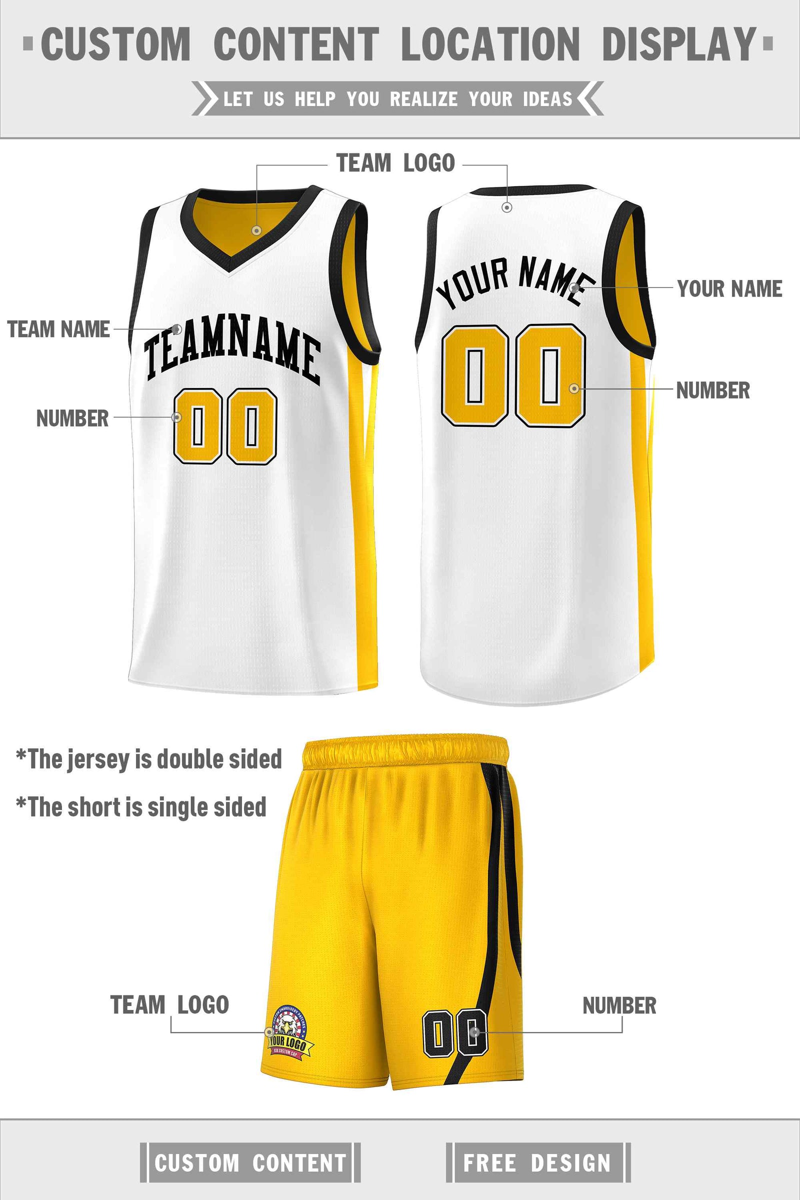 Custom White Yellow Double Side Sets Men Basketball Jersey