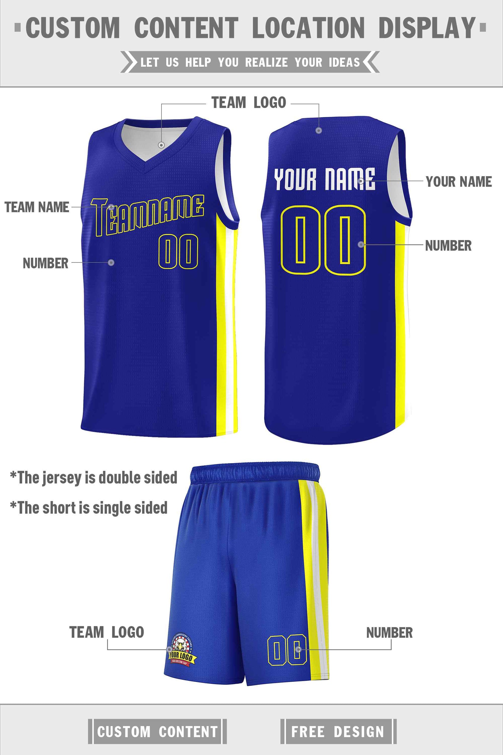 Custom Royal White-Yellow Double Side Sets Men Basketball Jersey