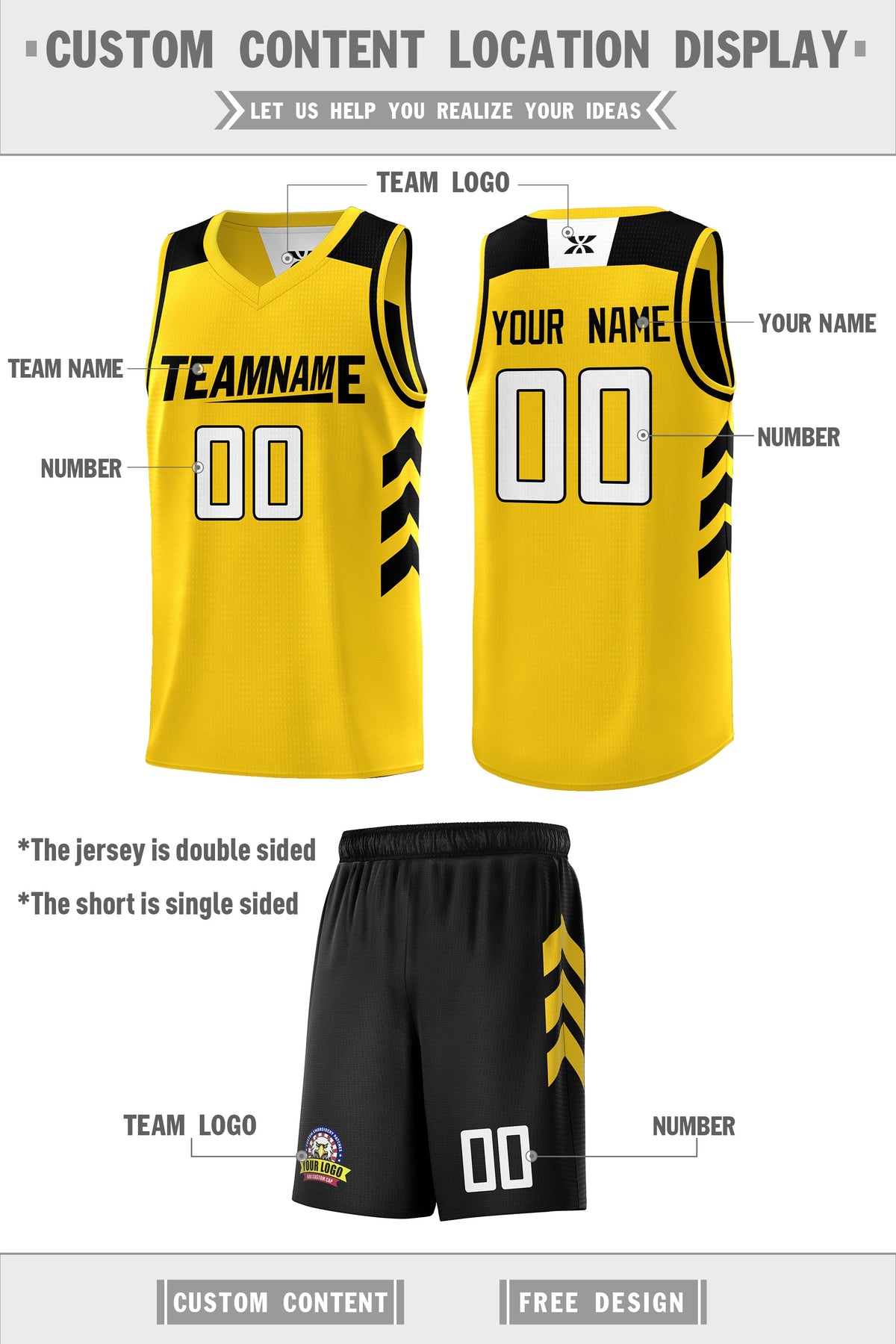 Custom Black Yellow Double Side Sets Personalized Basketball Jersey