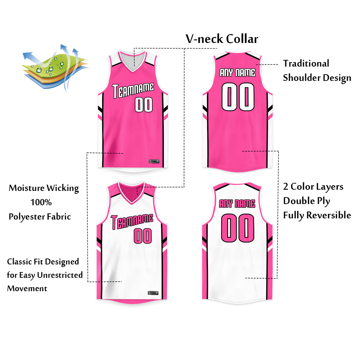 pink and white reversible basketball jerseys