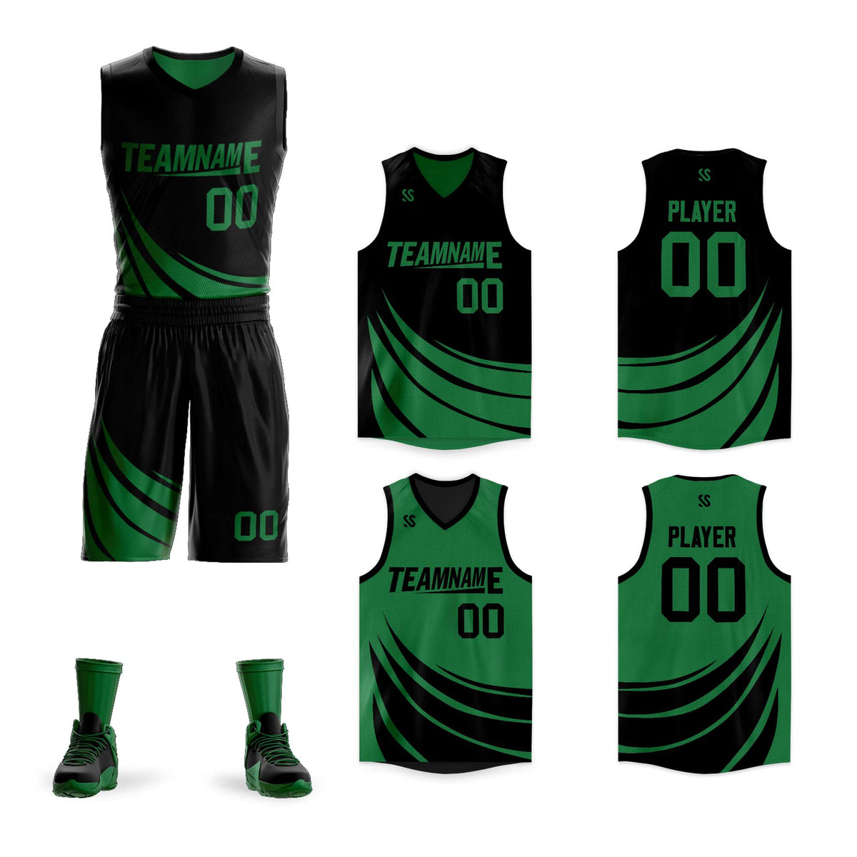 Custom Black Green Double Side Sets Design Sportswear Basketball Jersey