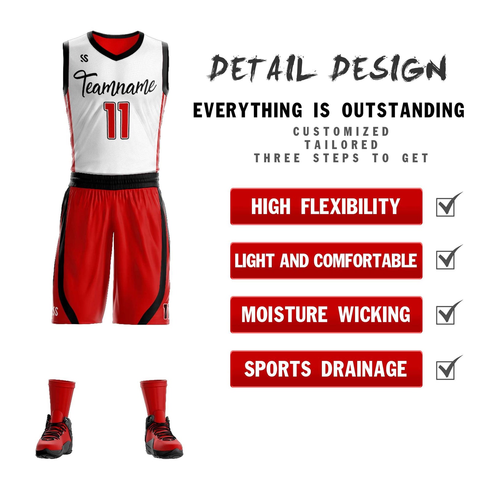 Custom White Red Double Side Sets Design Sportswear Basketball Jersey