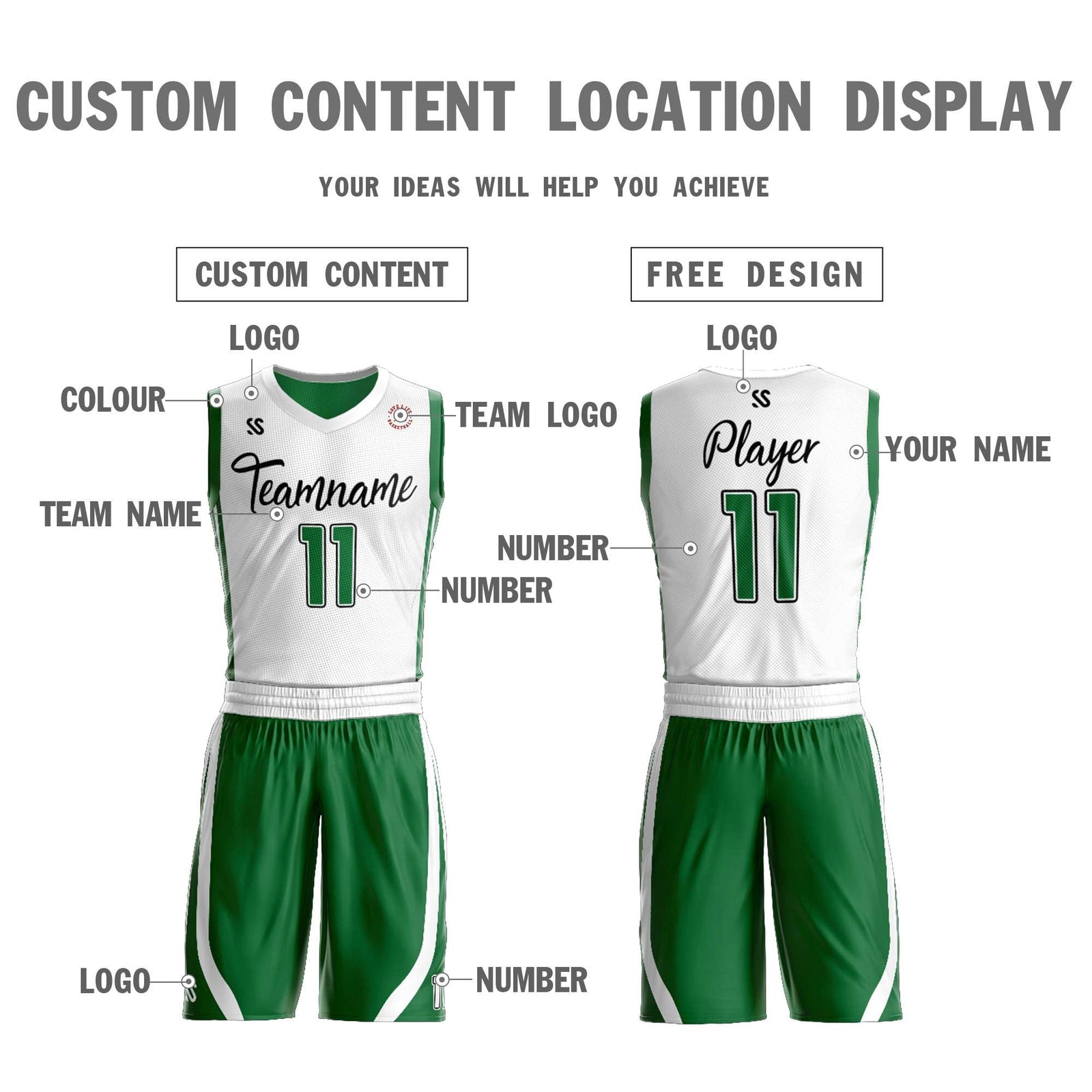 Custom White Green Double Side Sets Design Sportswear Basketball Jersey