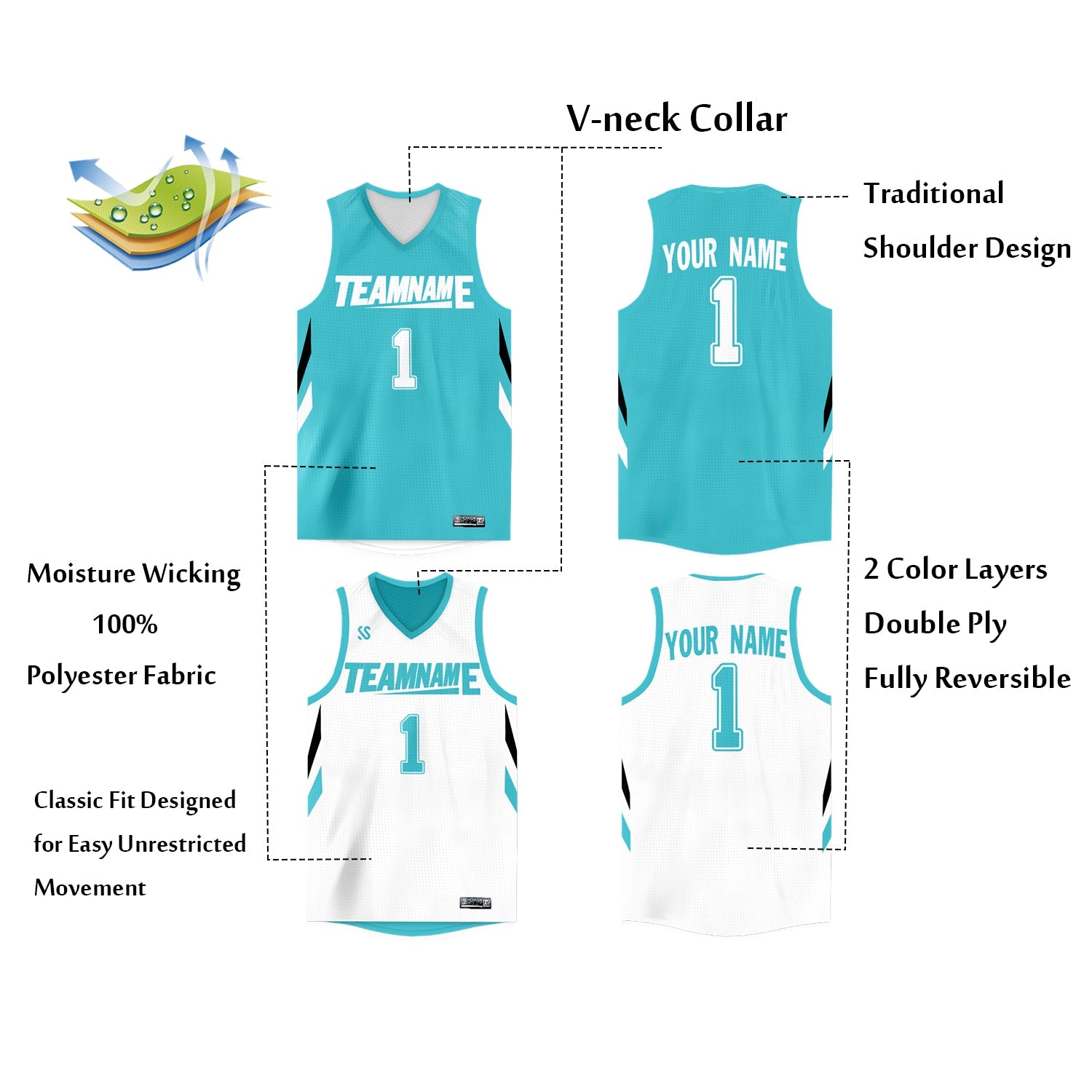 Custom Aqua White  Double Side Tops Athletic Basketball Jersey