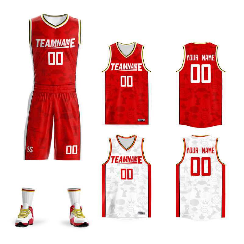 Custom Red White-Yellow Double Side Sets Basketball Jersey