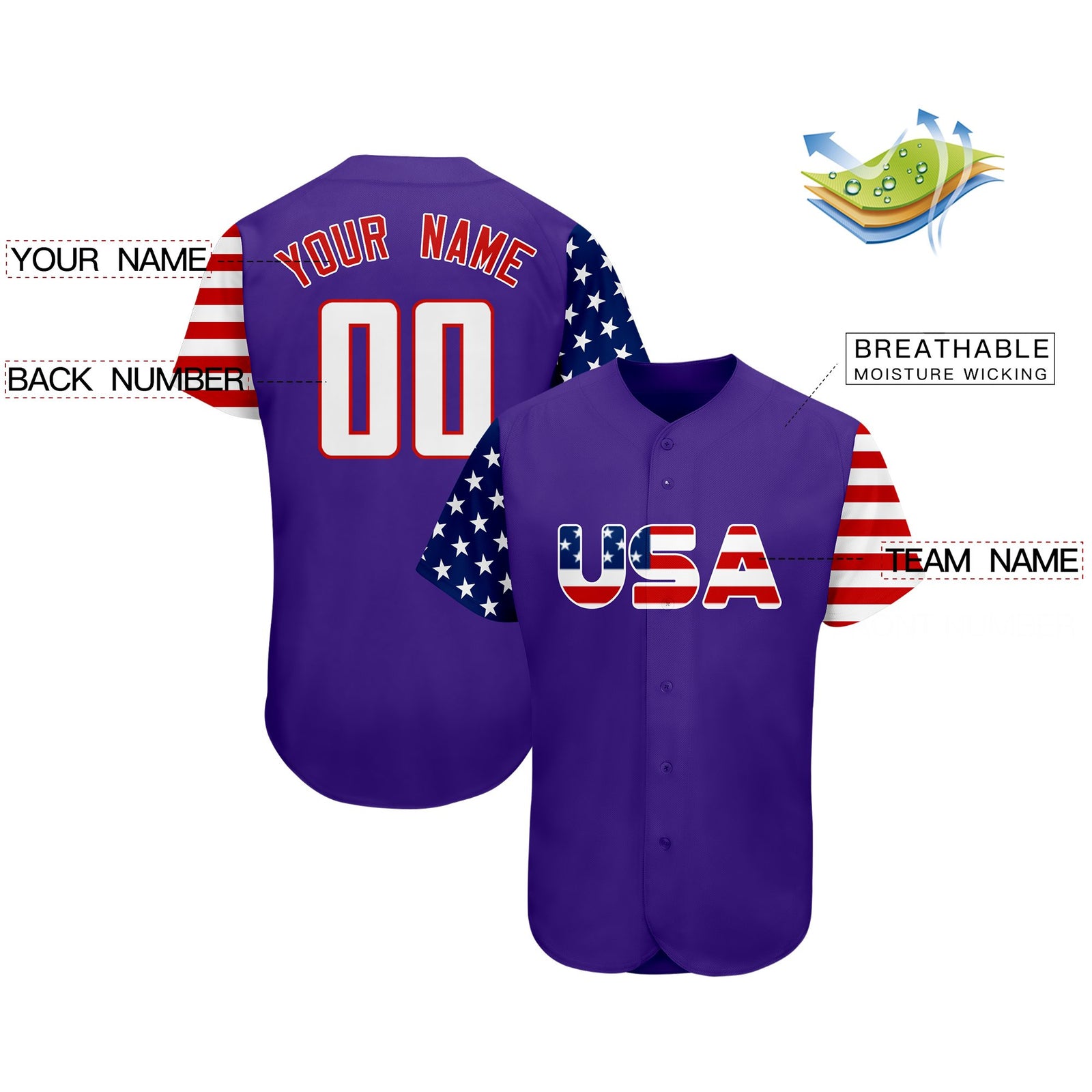 Custom Purple White-Red American Flag Authentic Baseball Jersey