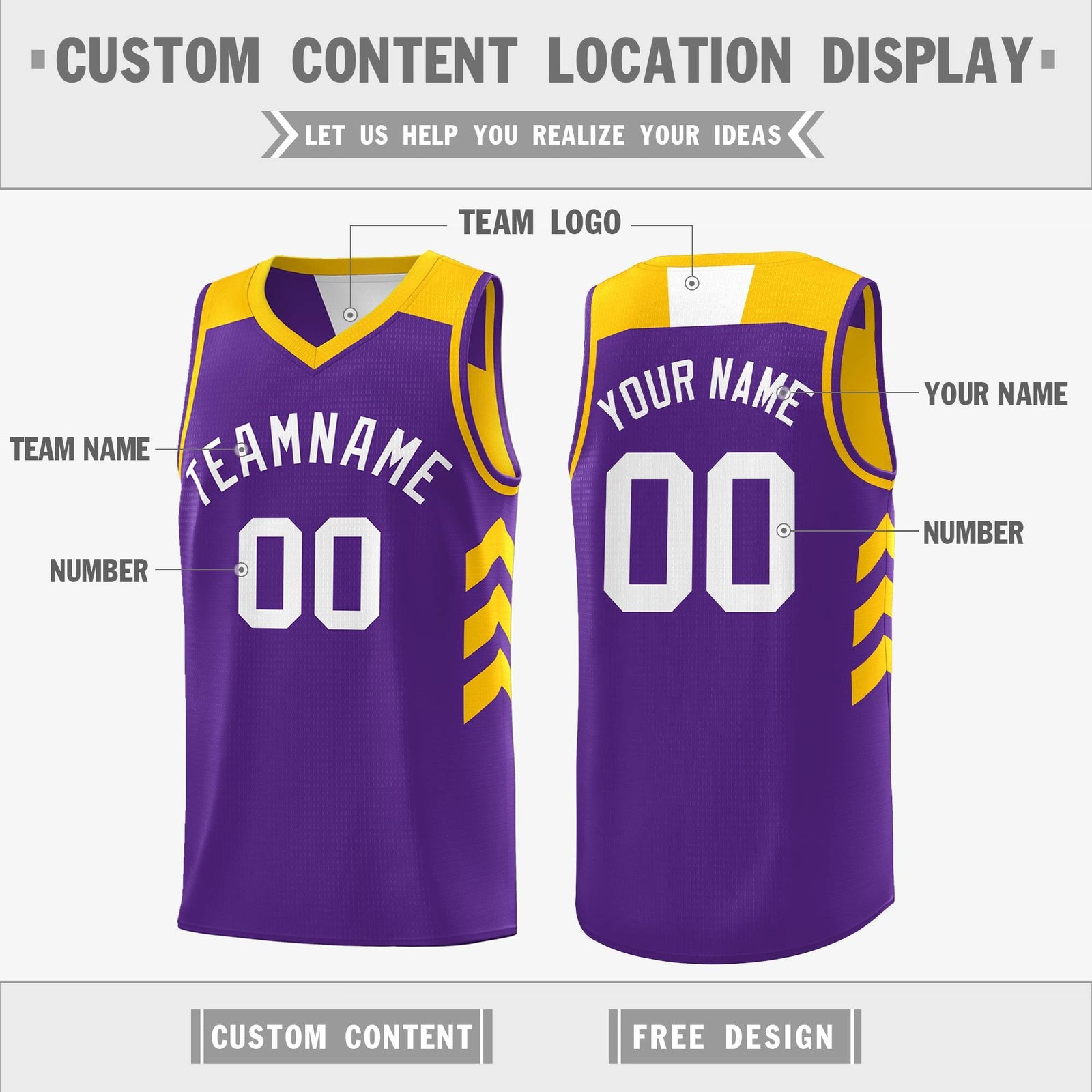 Custom Purple Yellow Reversible Double Side Tops Basketball Jersey
