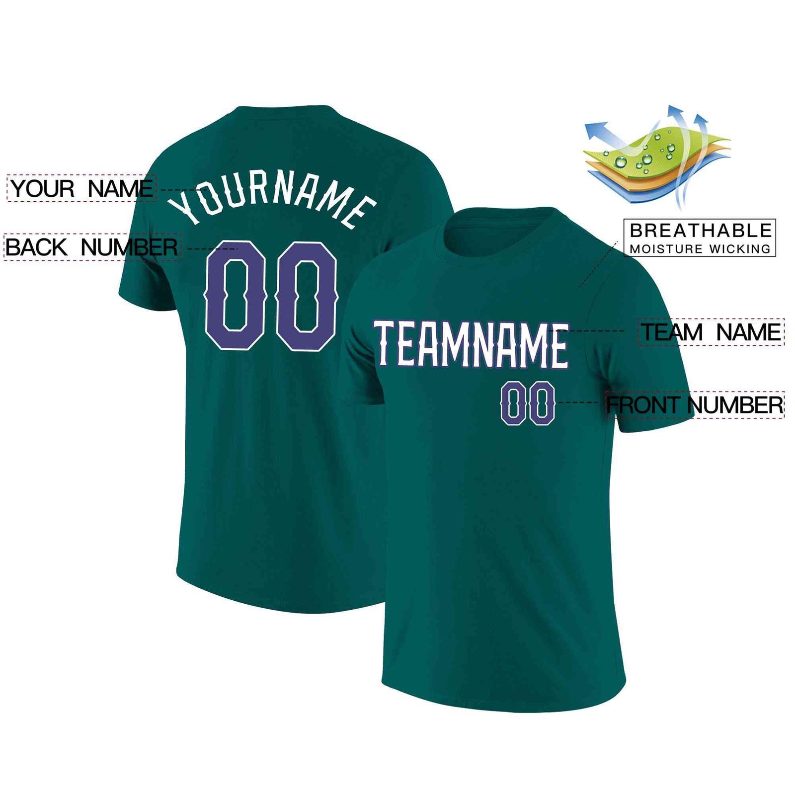 Custom Aqua White-Purple Classic Style Crew neck T-Shirts Full Sublimated