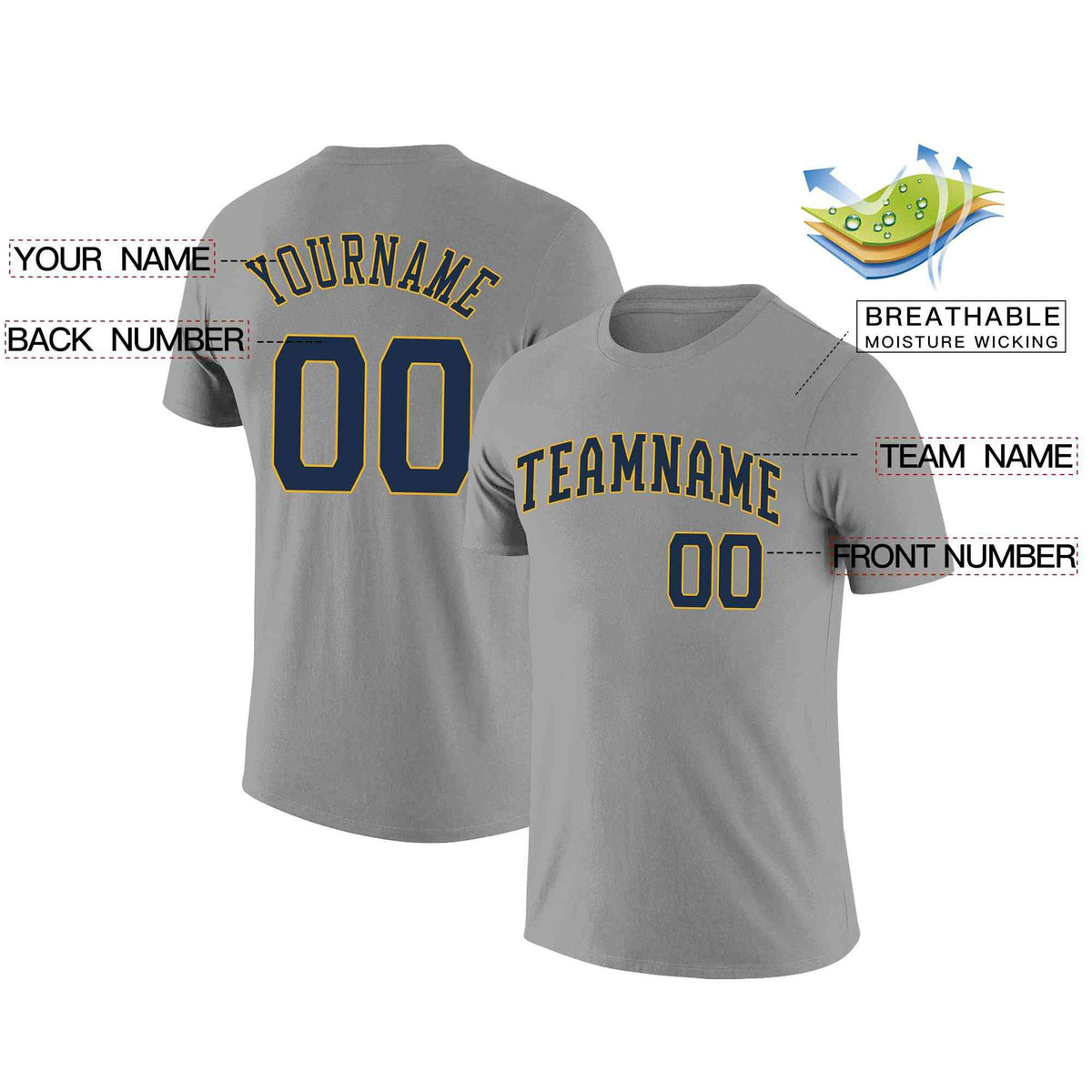 Custom Gray Navy-Yellow Classic Style Crew neck T-Shirts Full Sublimated