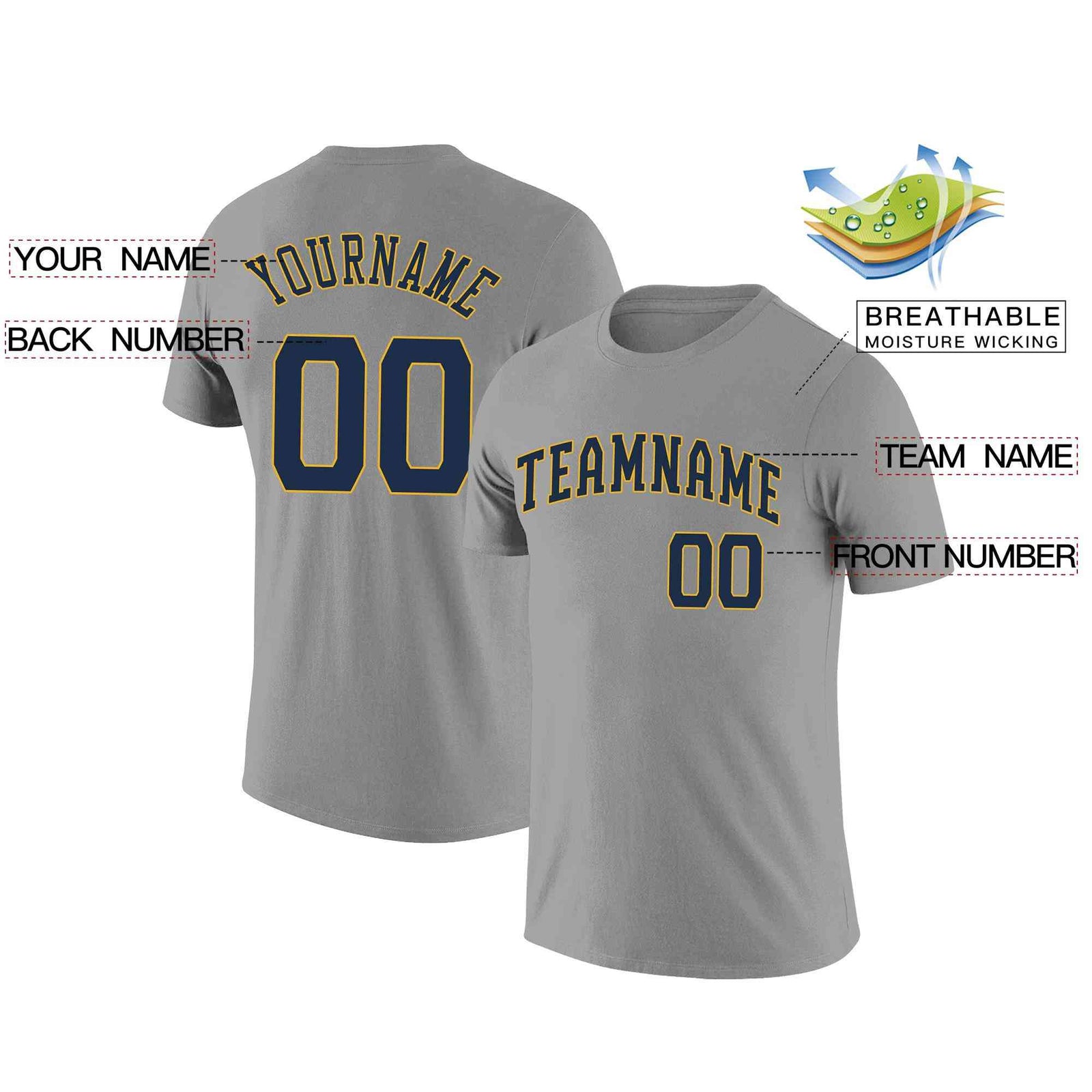 Custom Gray Navy-Yellow Classic Style Crew neck T-Shirts Full Sublimated