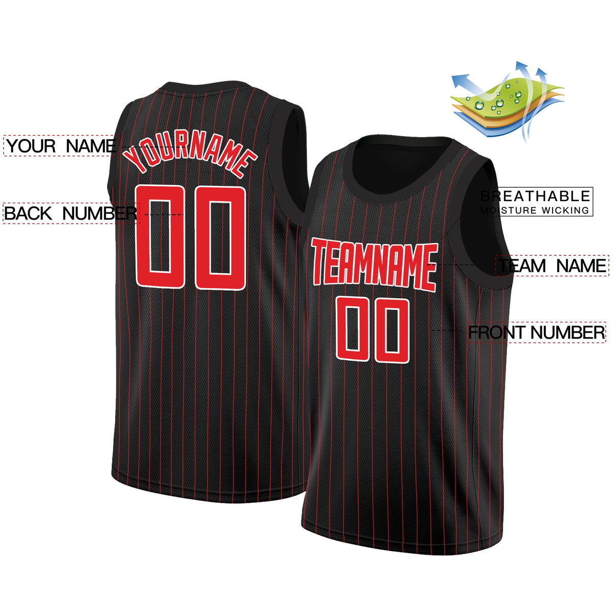 Custom Black Red-White Stripe Fashion Tops Breathable Basketball Jersey