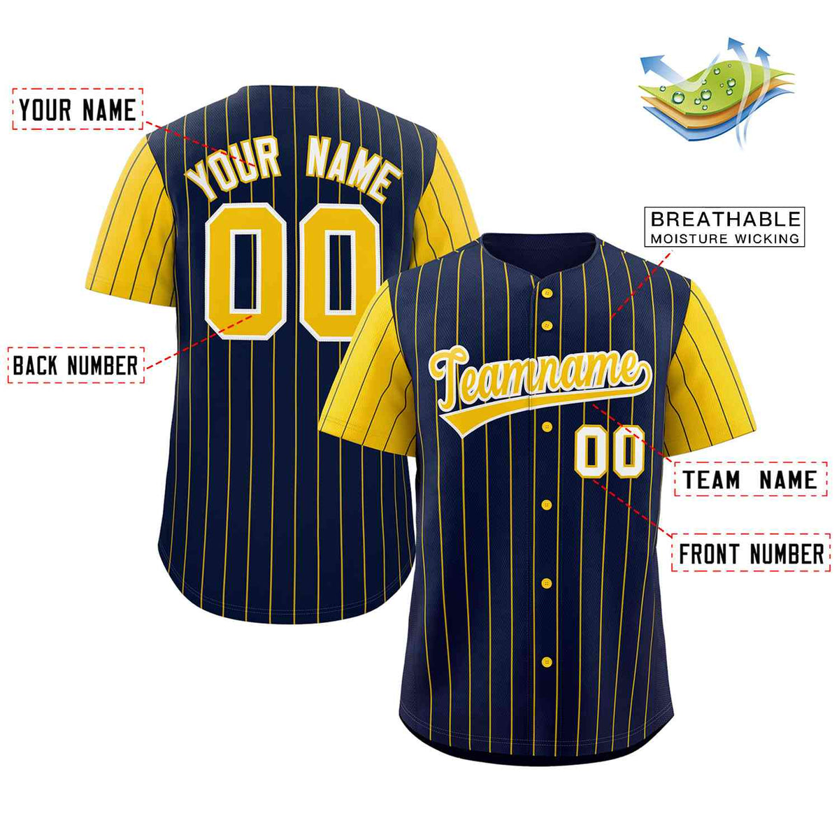 Custom Navy Gold-White Stripe Fashion Raglan Sleeves Authentic Baseball Jersey
