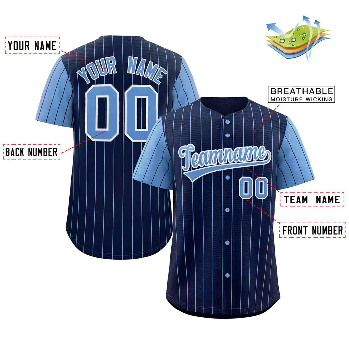 Custom Navy Light Blue-White Stripe Fashion Raglan Sleeves Authentic Baseball Jersey