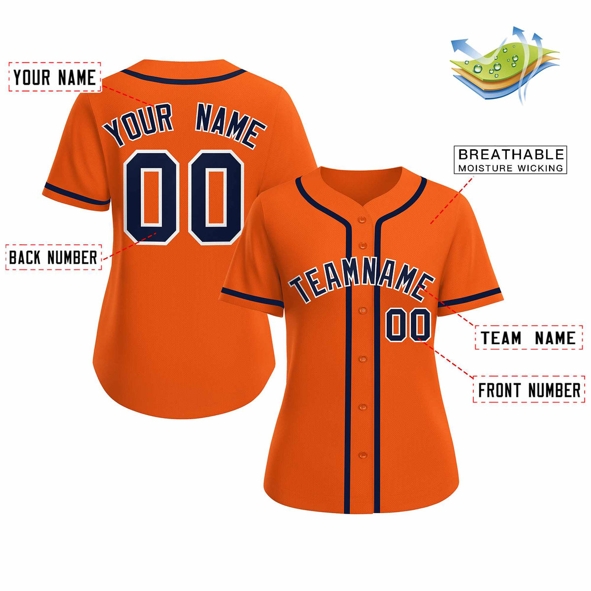 Custom Orange Navy White Classic Style Baseball Jersey for Women