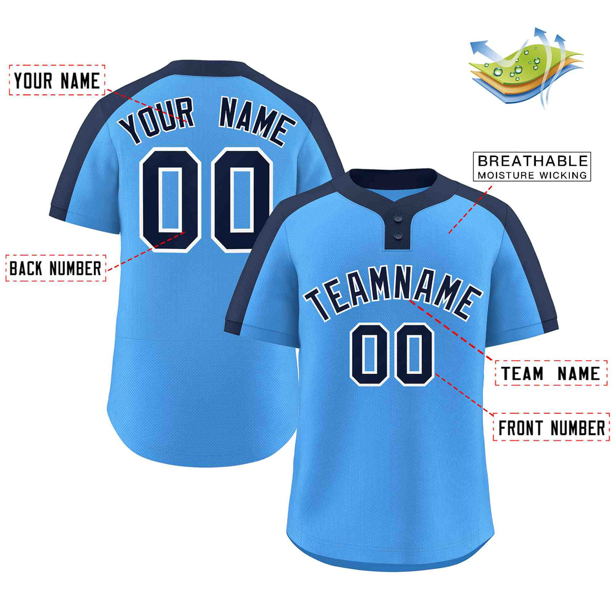 Custom Powder Blue Navy-White Classic Style Authentic Two-Button Softball Jersey