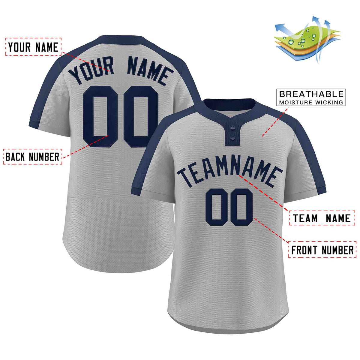 Custom Gray Navy Classic Style Authentic Two-Button Softball Jersey