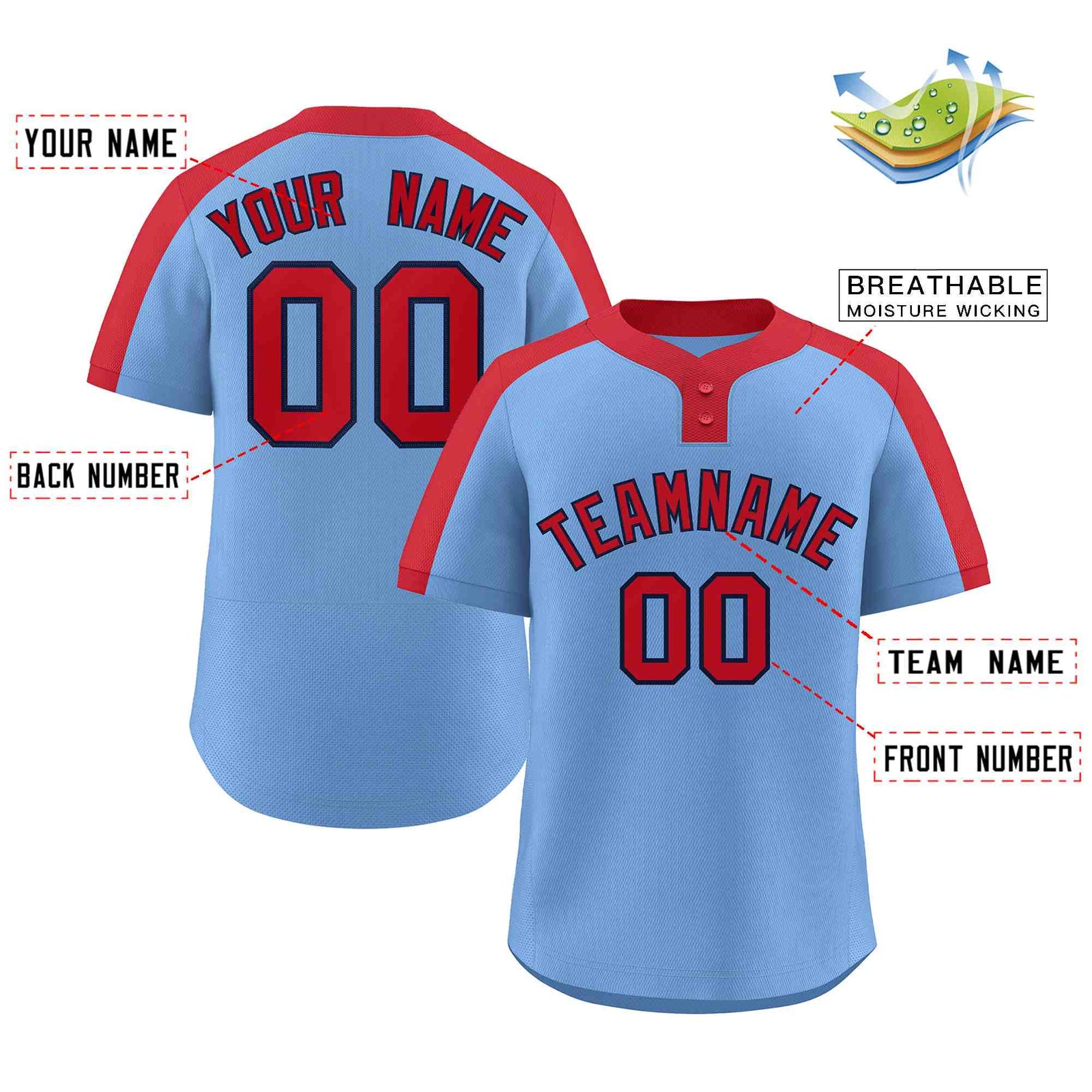 Custom Light Blue Red-Navy Classic Style Authentic Two-Button Softball Jersey