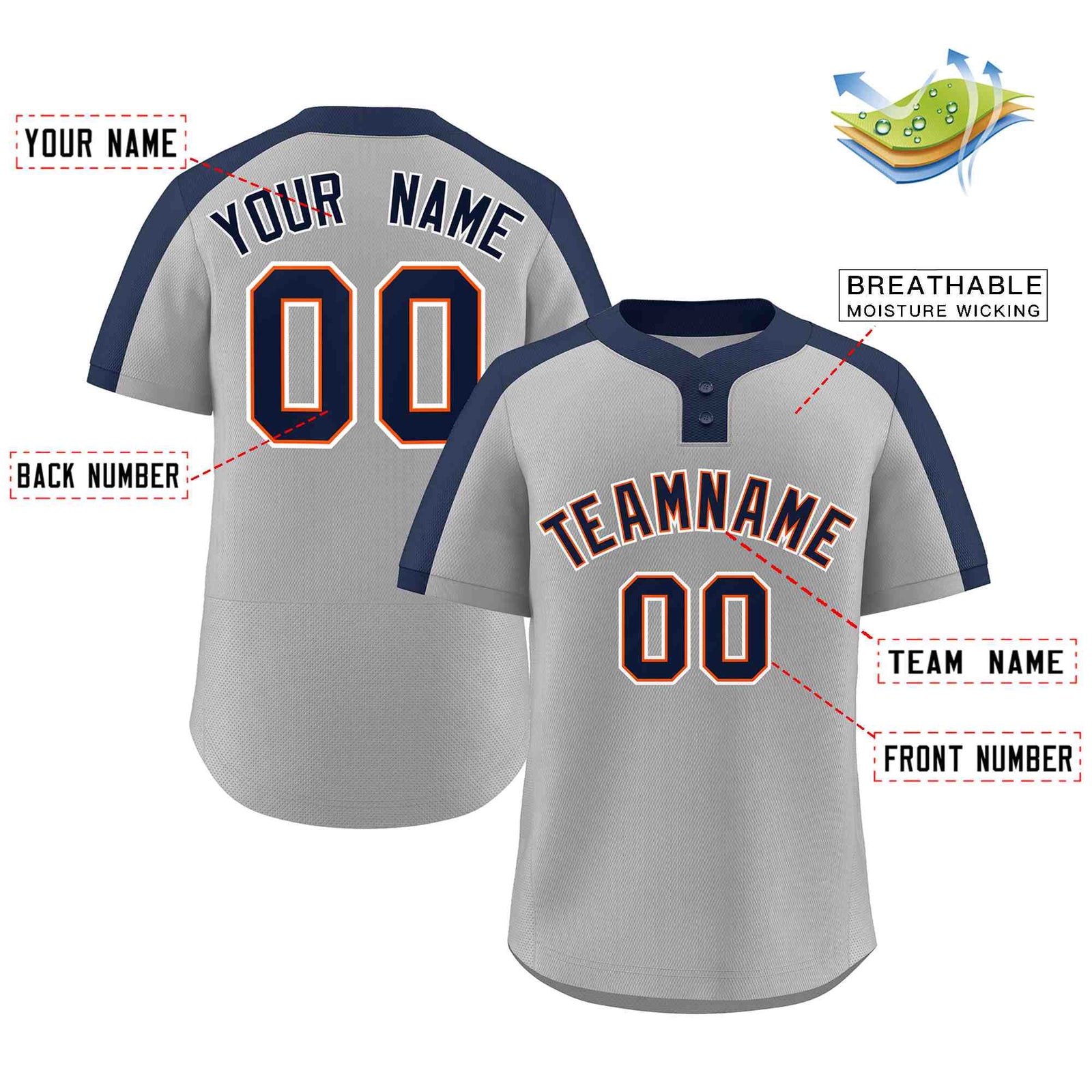 Custom Gray Navy-Orange Classic Style Authentic Two-Button Softball Jersey