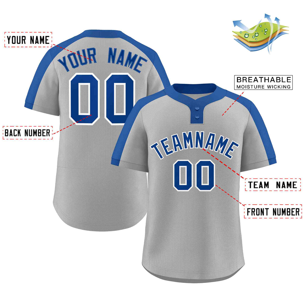 Custom Gray Royal-White Classic Style Authentic Two-Button Softball Jersey