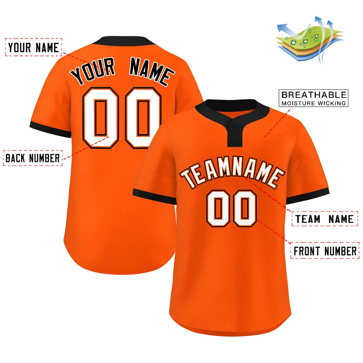 Custom Orange White-Black Classic Style Authentic Two-Button Softball Jersey