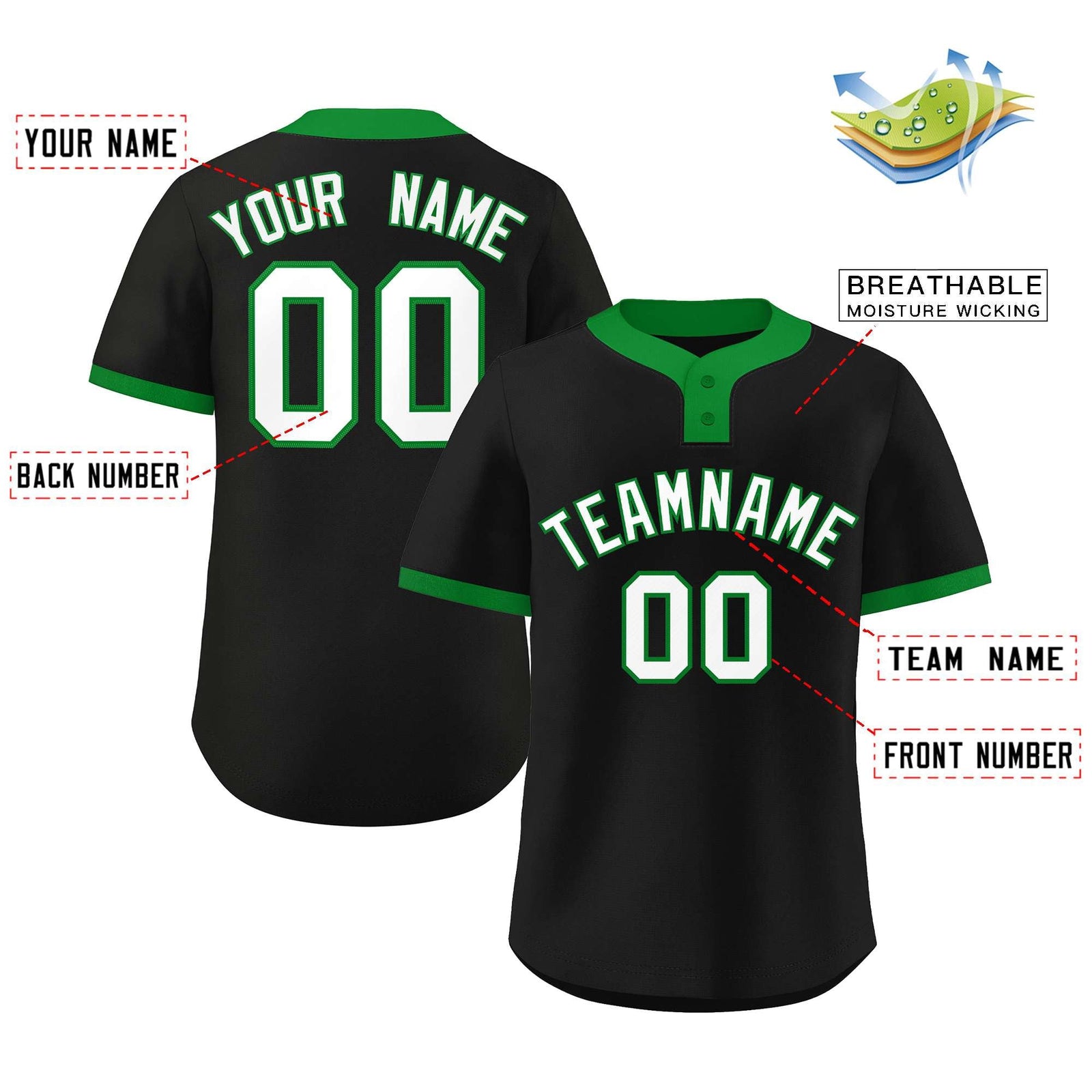 Custom Black White-Kelly Green Classic Style Authentic Two-Button Softball Jersey