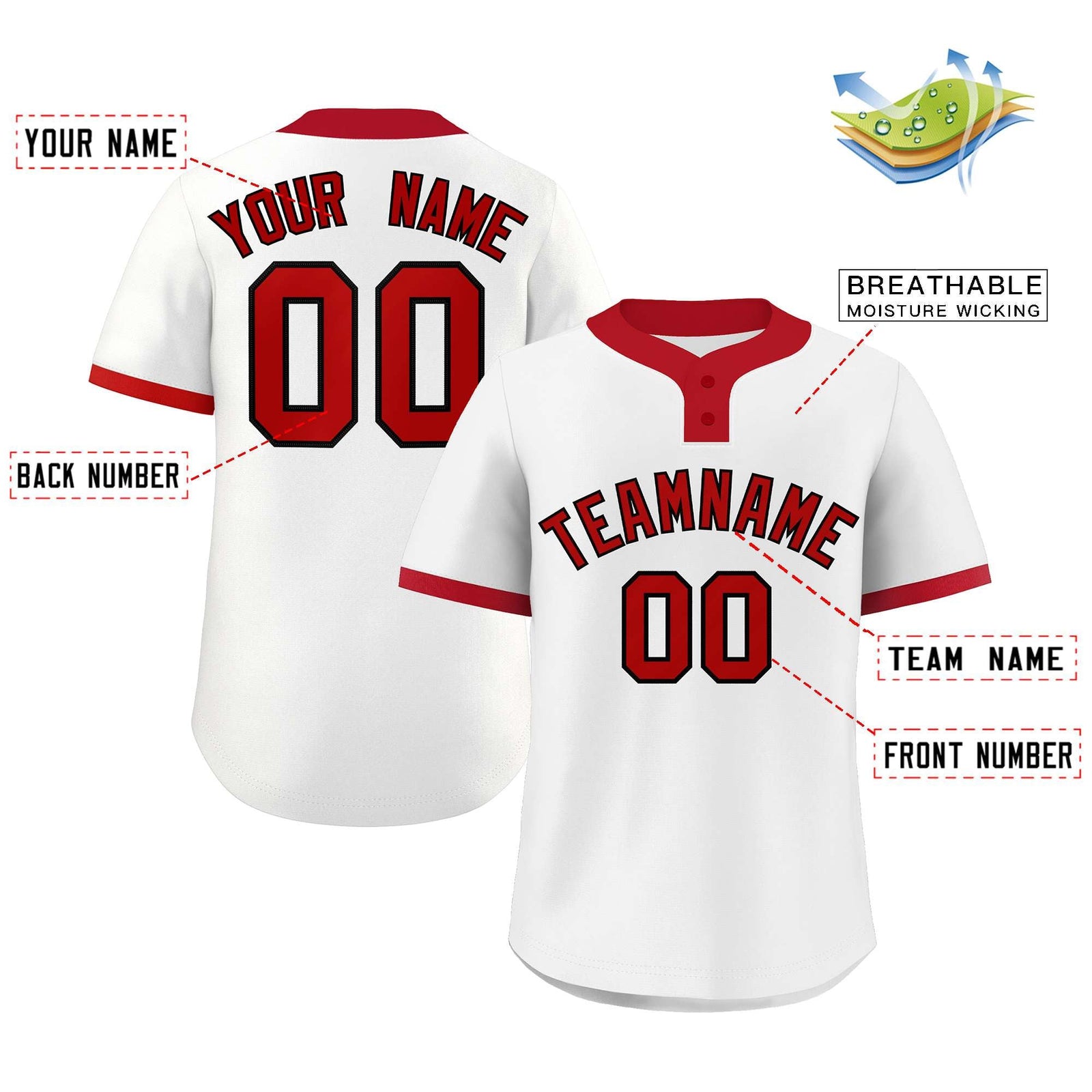 Custom White Red-Black Classic Style Authentic Two-Button Softball Jersey